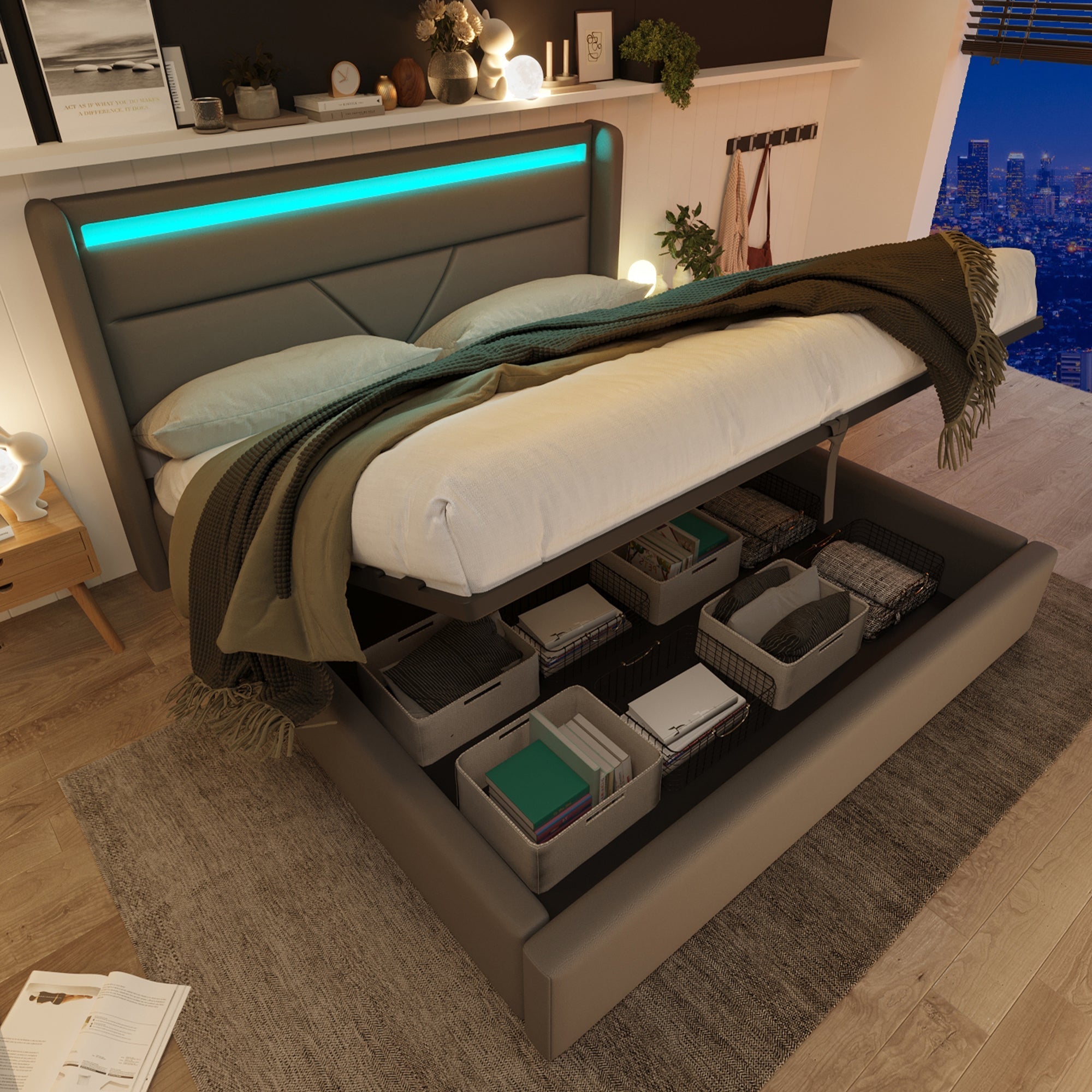 Hydraulic Storage Bed with LED Lighting and Remote Control, 160x200cm, Grey Upholstered Bed Frame