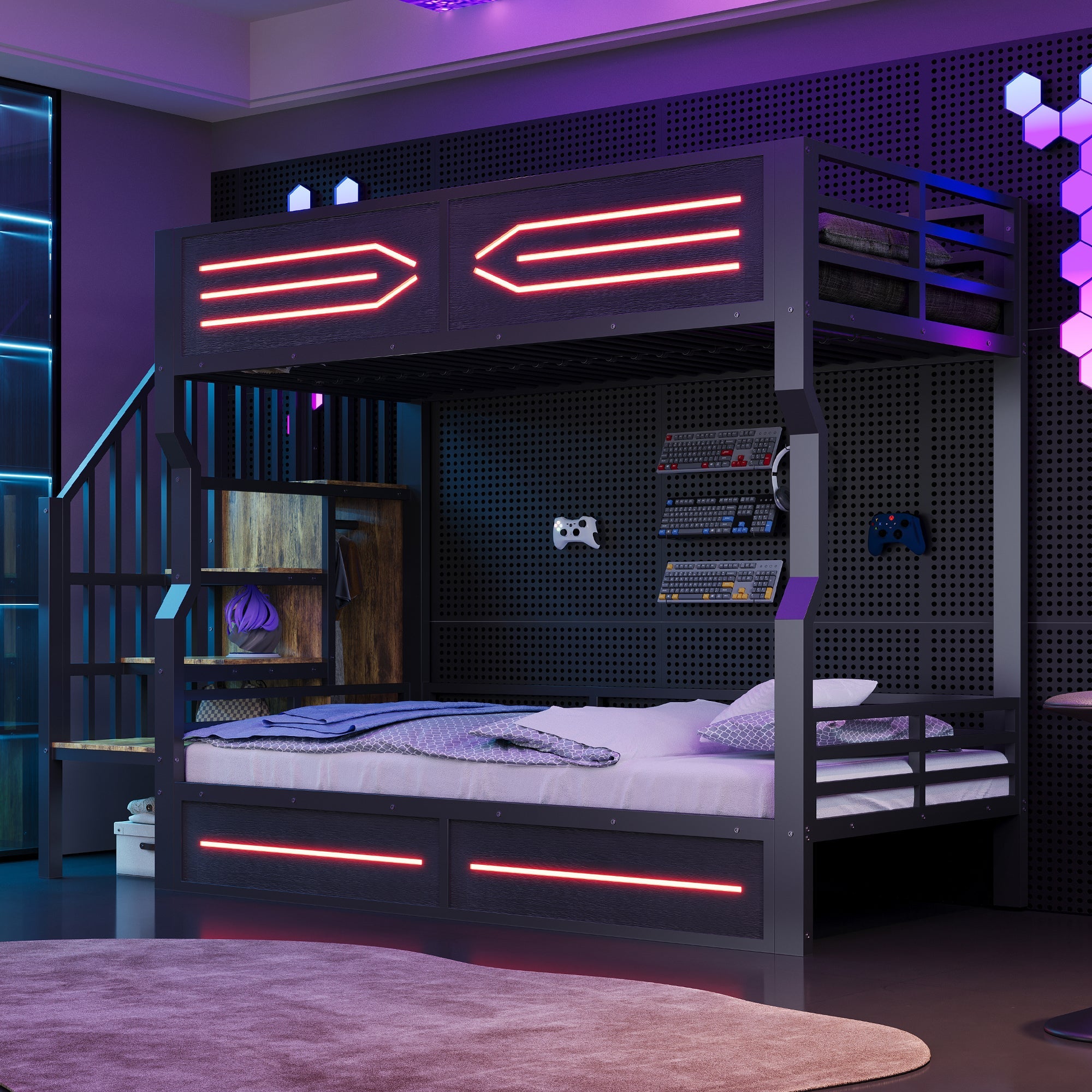 Loft Bed with Storage Stairs, LED Lighting and High Railing, 90x200cm, Black Iron