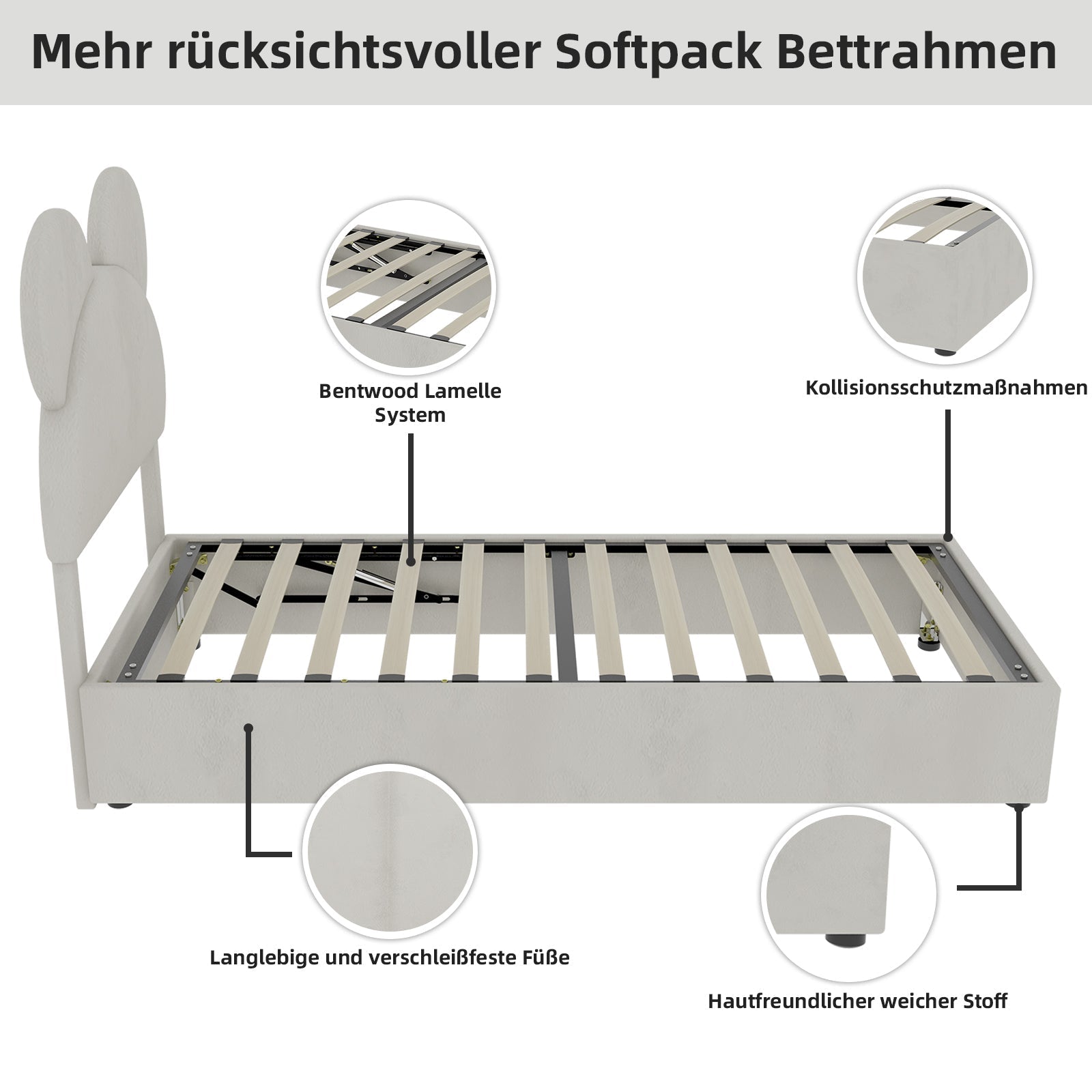 Upholstered Bed, Modern Minimalist Cartoon Headboard, 140x200 cm, Gas Lift Storage, Beige