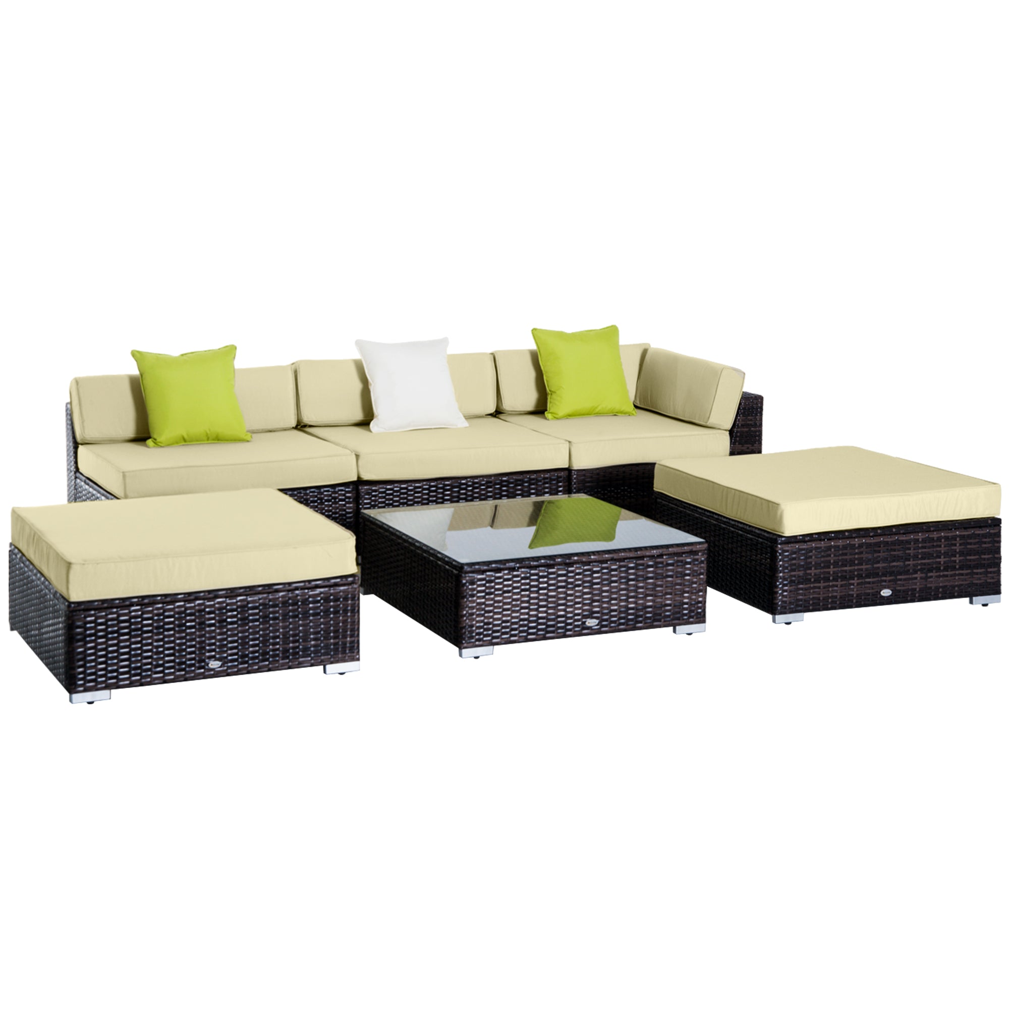 6 PC Rattan Sofa Coffee Table Set Sectional Wicker Weave Furniture Outdoor w/ Pillow Cushion Brown
