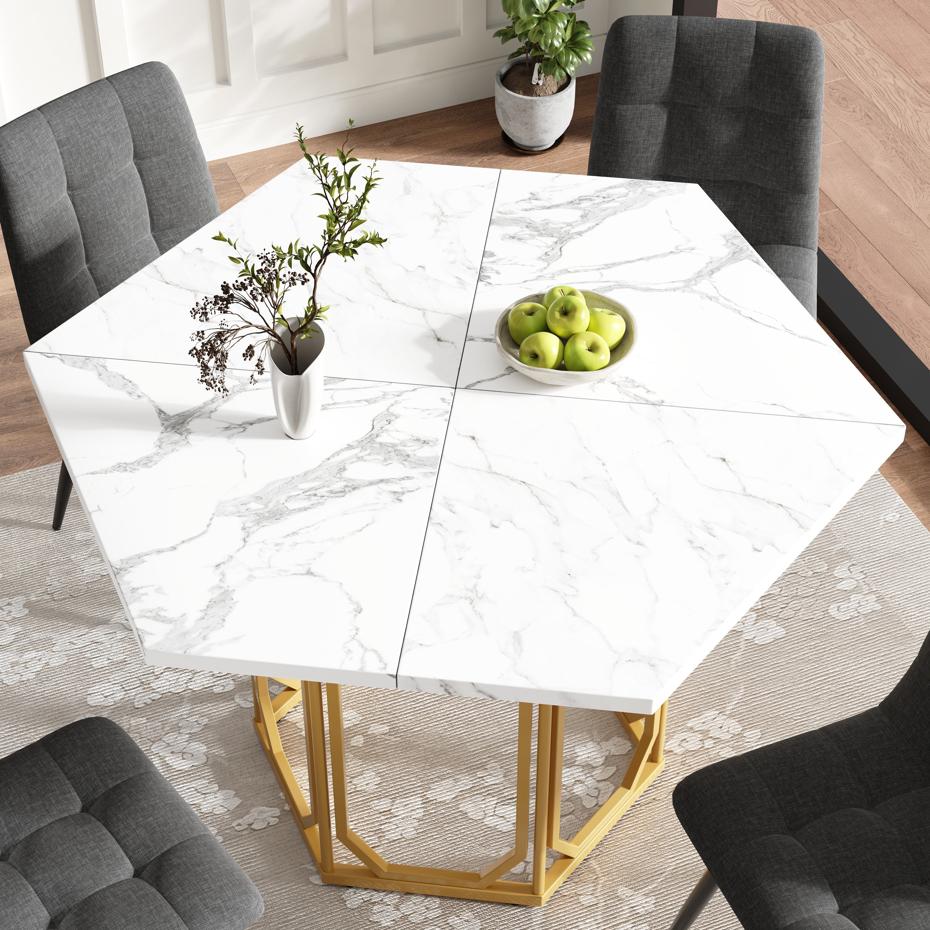 Dining Set 5-Piece Hexagonal Marble Top - Grey