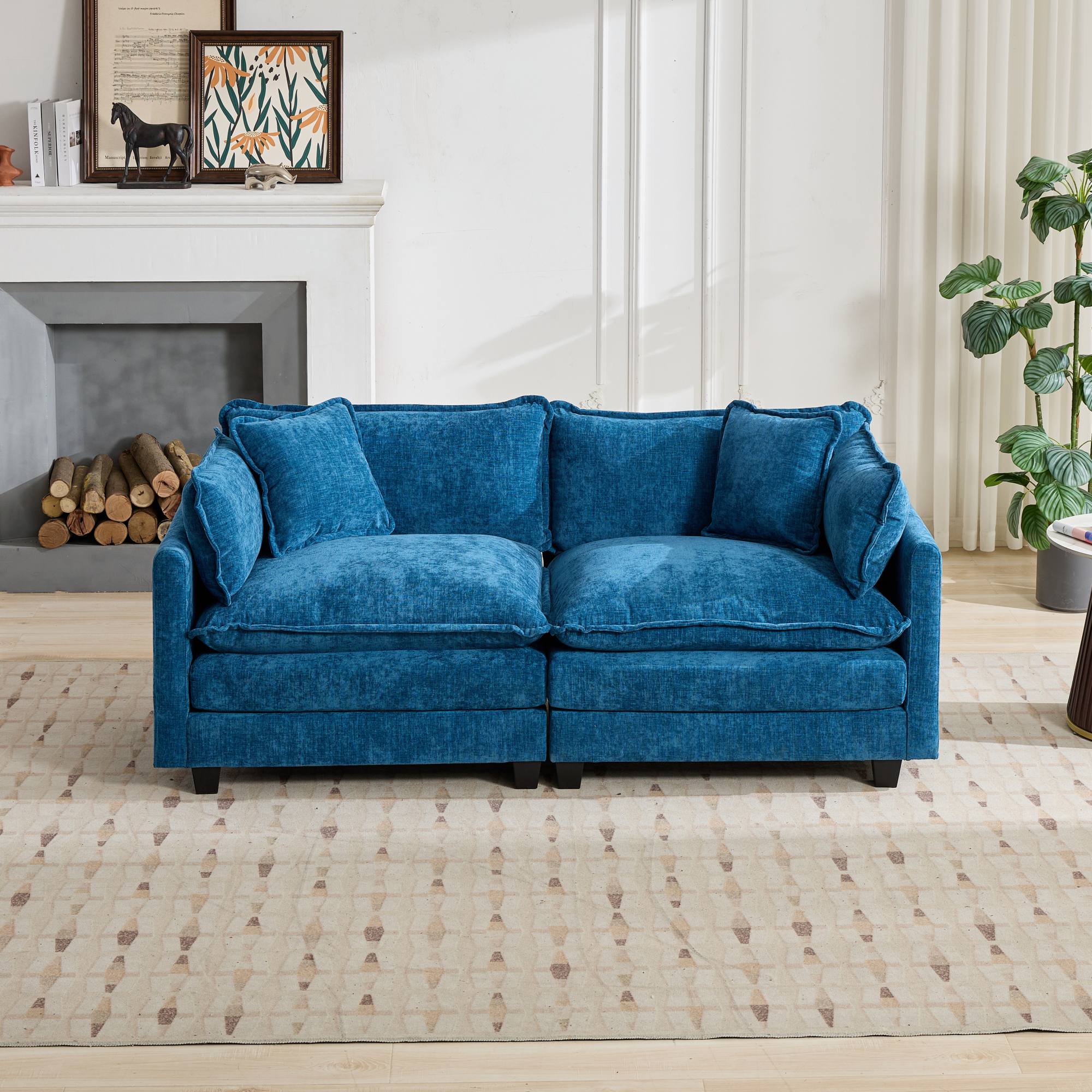 Cloud Sofa Loveseat, Modern Modular Sectional with Upholstered Seat Cushion, Blue Chenille Fabric
