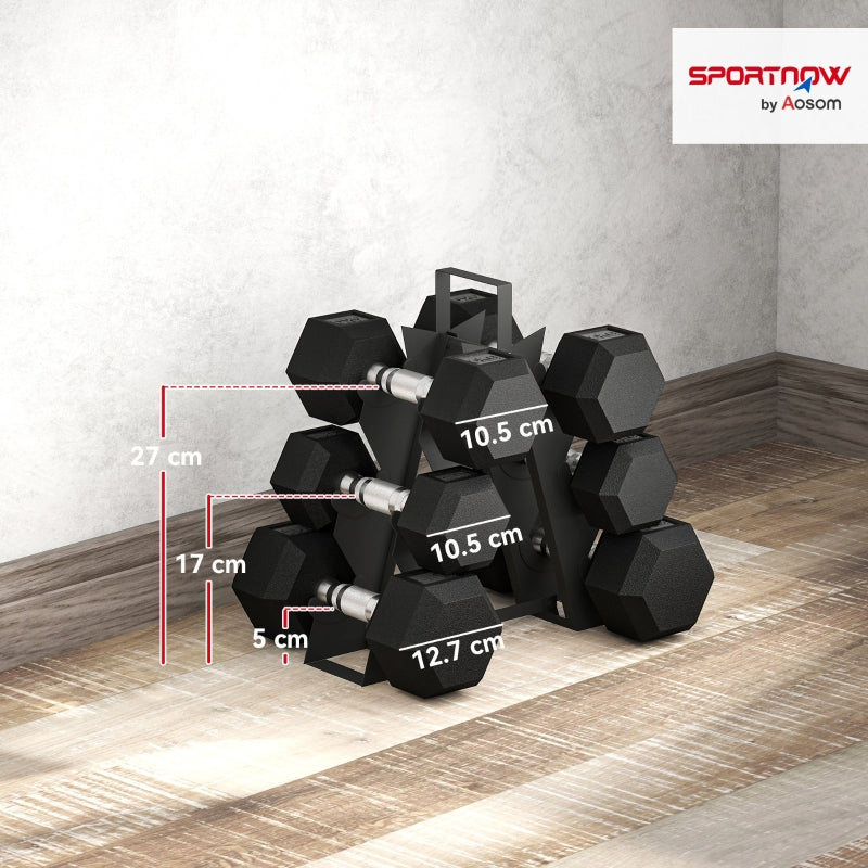 Hex Dumbbell Set with Storage Rack and Handles, Rubber Coated