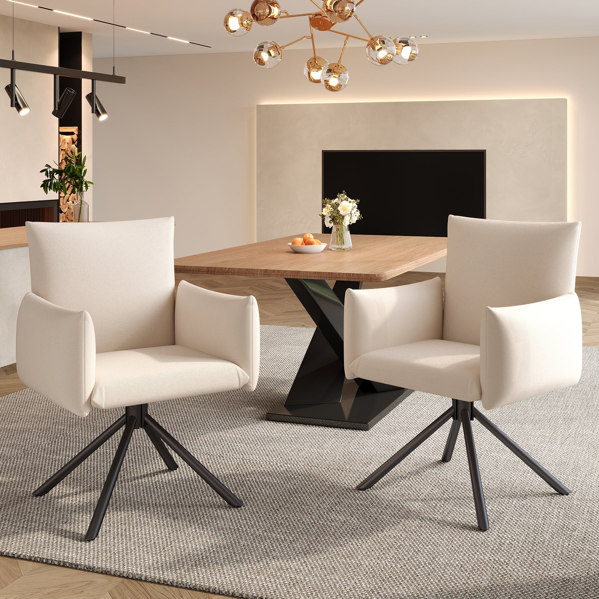 Dining Chairs Set of 6 Upholstered 360° Swivel Lumbar Support - Beige Linen