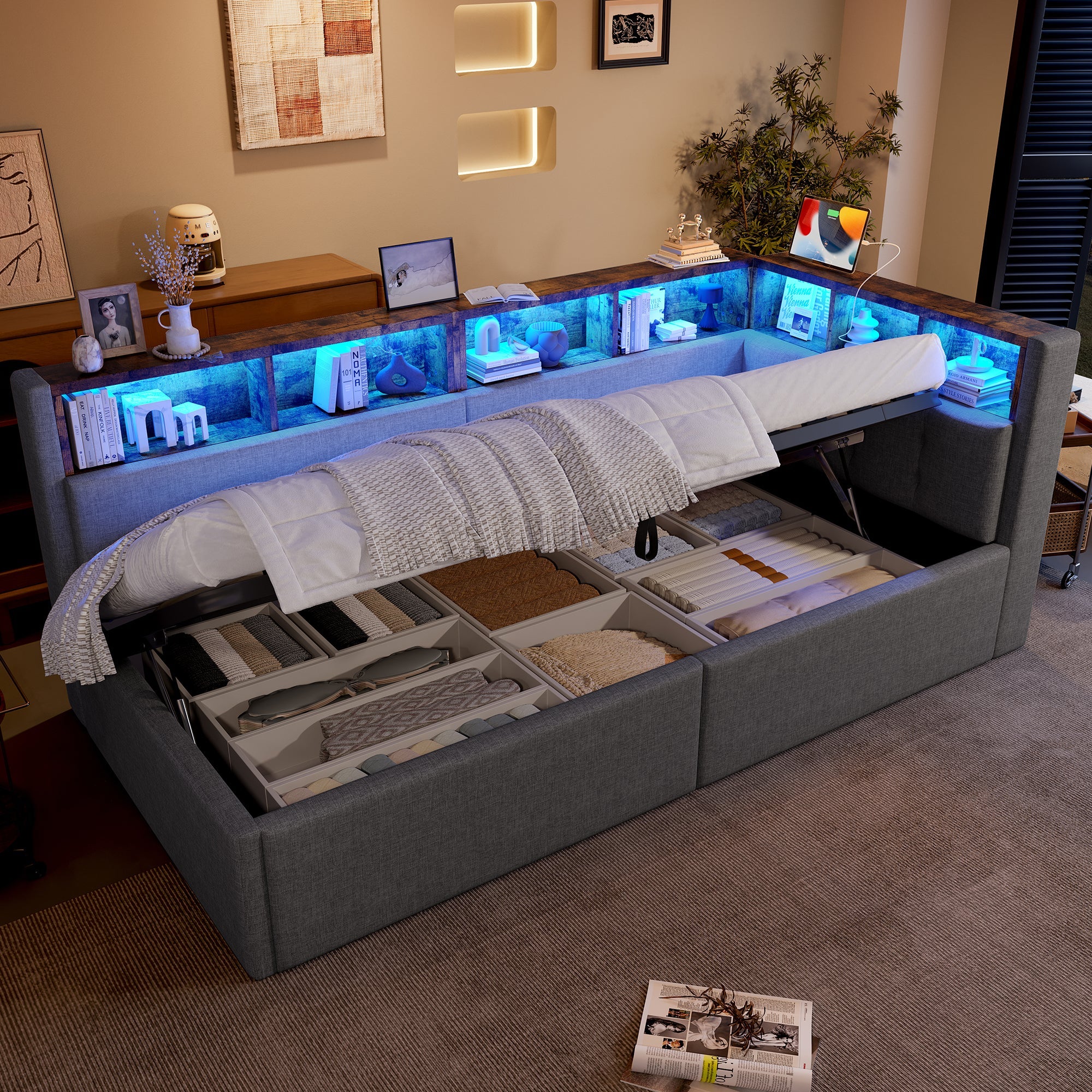 Daybed 90x200cm Hydraulic Storage LED USB/Type-C - Linen Grey