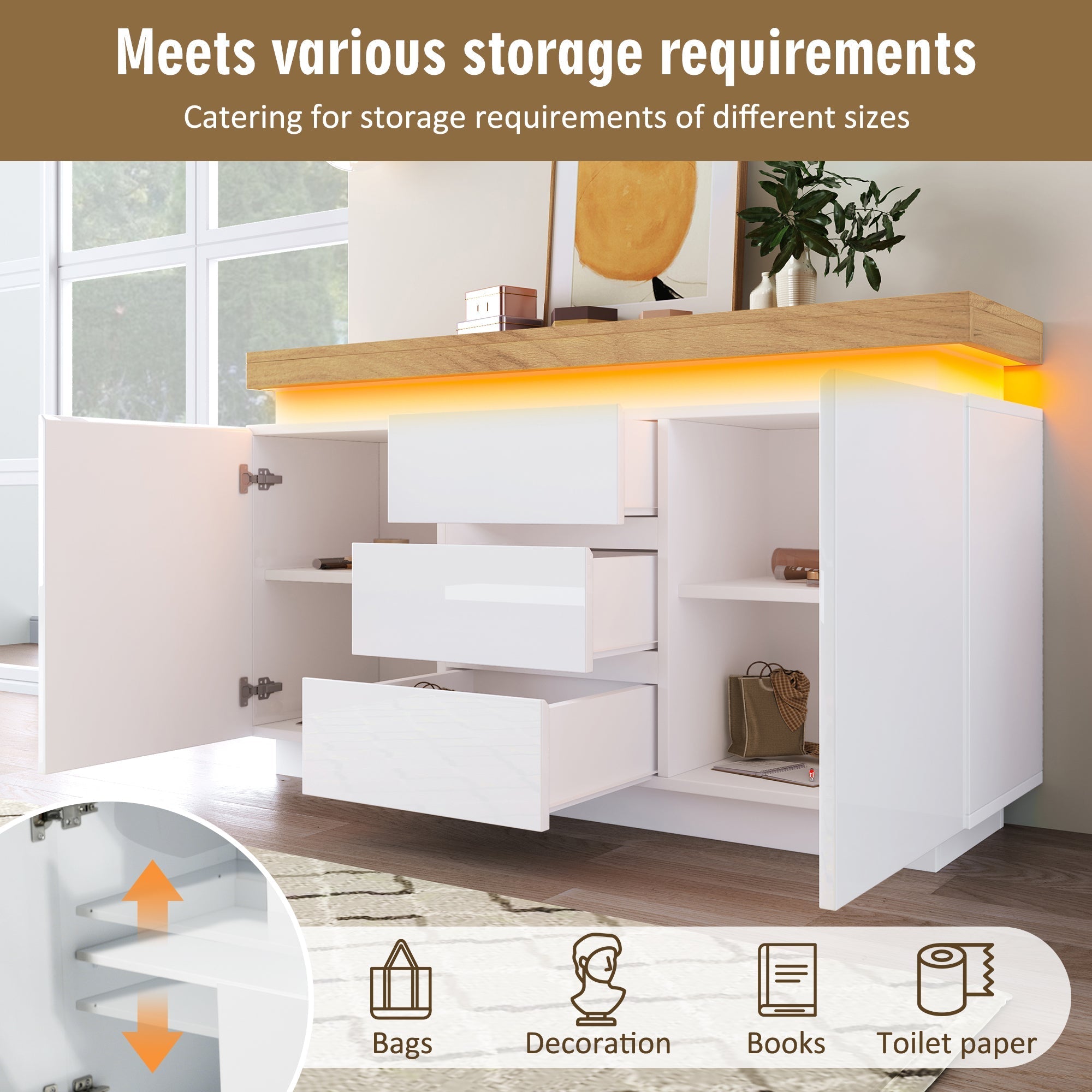 Chest of Drawers, High-gloss Sideboard Cabinet with 2 Doors and 3 Drawers, RGB LED Storage, White