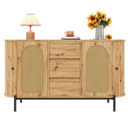 Oval Sideboard with Rattan Sliding Doors and Drawers, Adjustable Compartments and Metal Legs, Wood Look