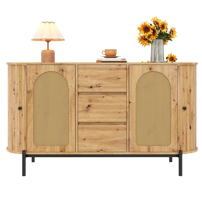 Oval Sideboard with Rattan Sliding Doors and Drawers, Adjustable Compartments and Metal Legs, Wood Look