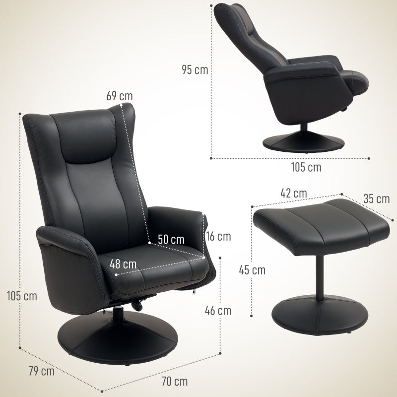 Swivel Recliner Chair with Footstool Adjustable Back, PU Leather Black
