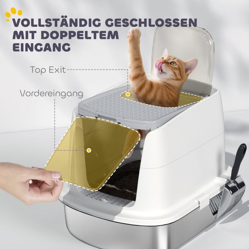 Stainless Steel Cat Litter Box, Enclosed with Scoop, Odor Bag, Entry/Exit