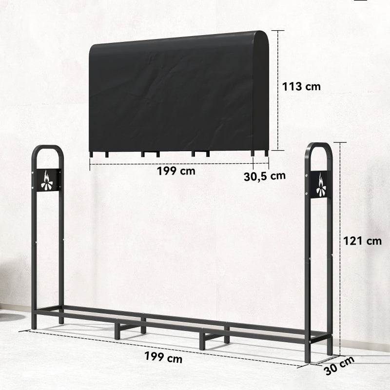 Firewood Rack 199x30x121cm, 0.6m³ Storage with Waterproof Cover, 300kg Capacity, Metal