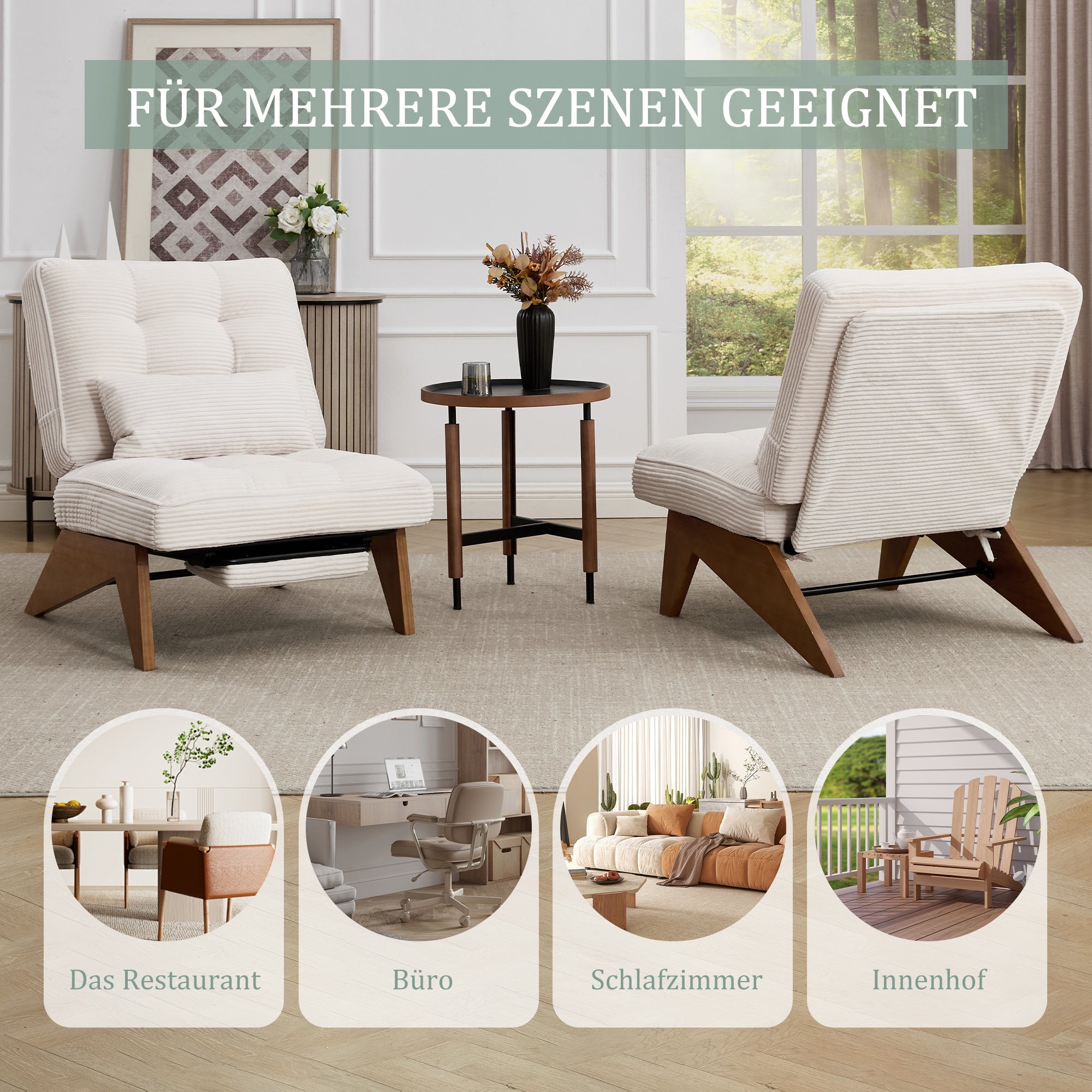 Modern Adjustable Backless Lounge Chair with Footrest, Lumbar Cushion, and Wooden Legs, Fabric