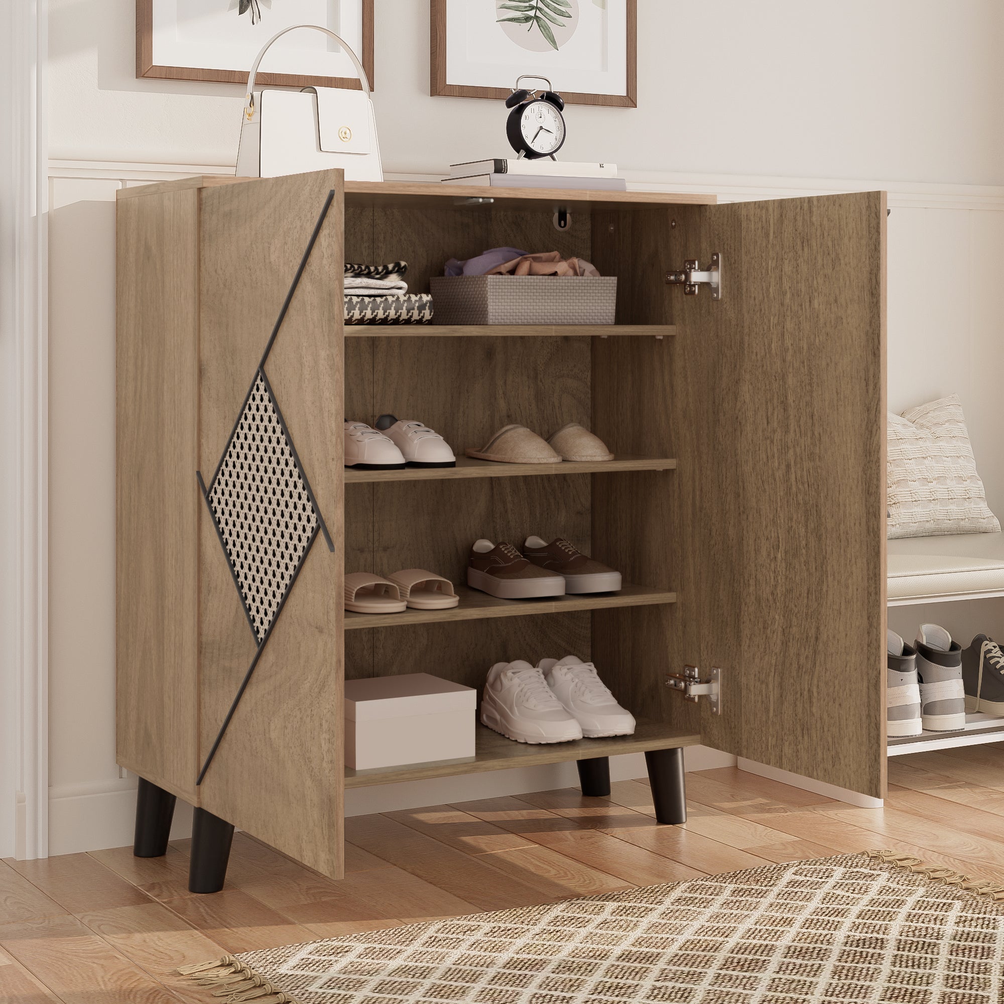 Shoe Cabinet Modern Rattan Pattern Storage 80x32x91cm