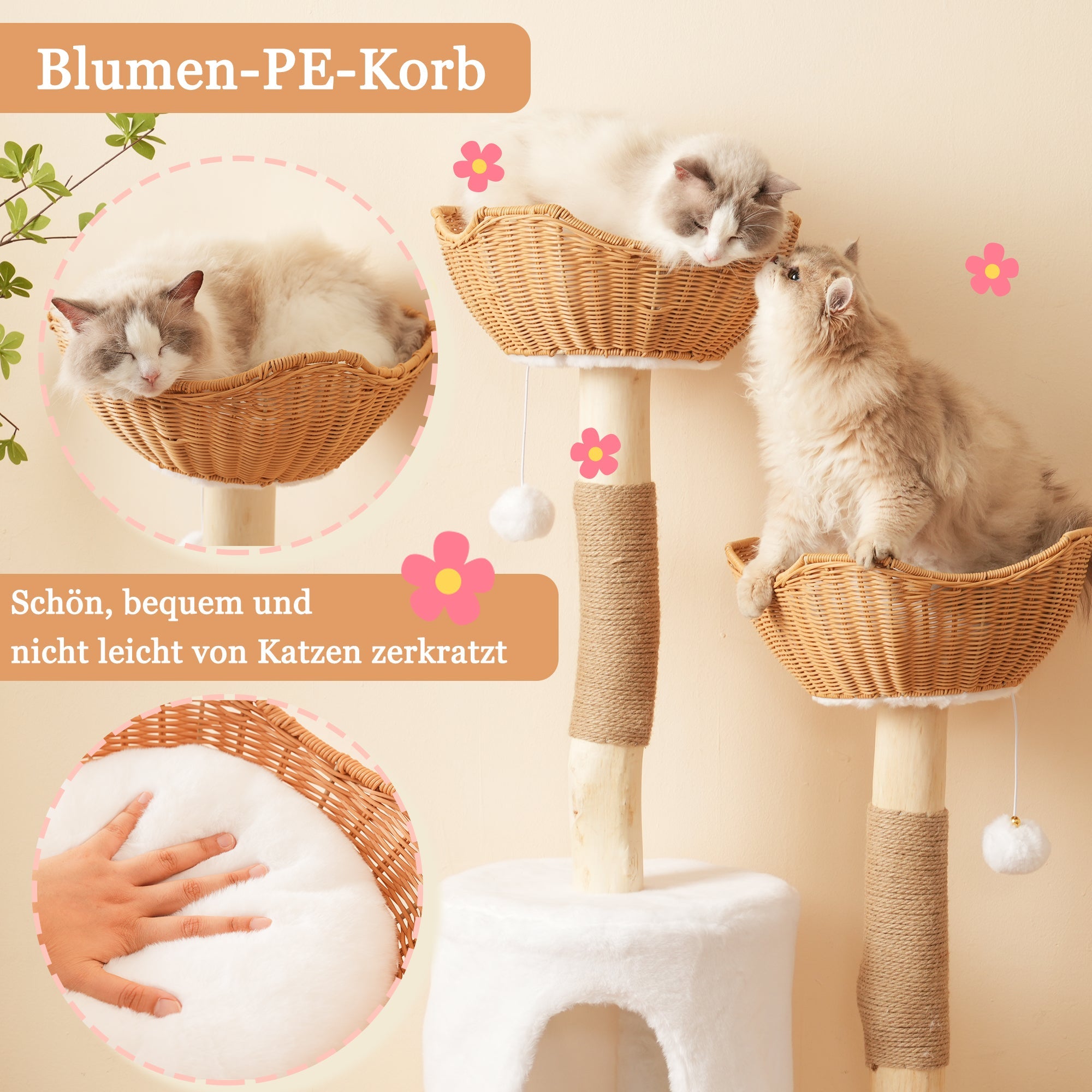 Solid Wood Cat Tree 108cm, Scratching Post 2 Baskets & Cave for Large Cats, Natural Wood & Sisal