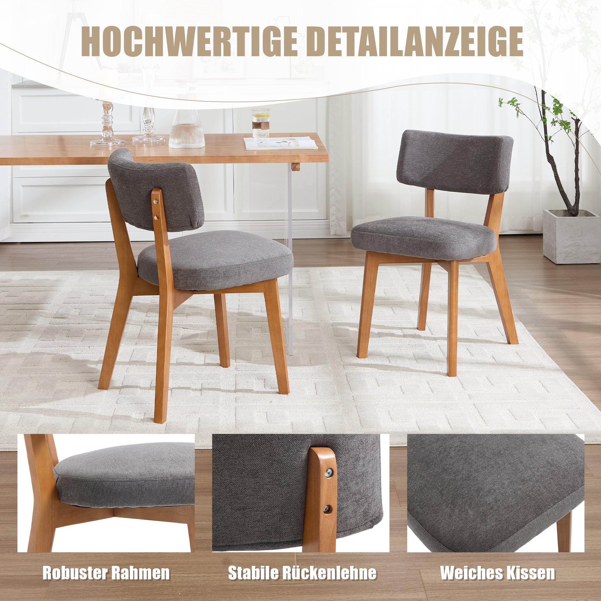 Dining Chair Set of 2, Mid-Century Style Solid Wood Legs Fabric Upholstered