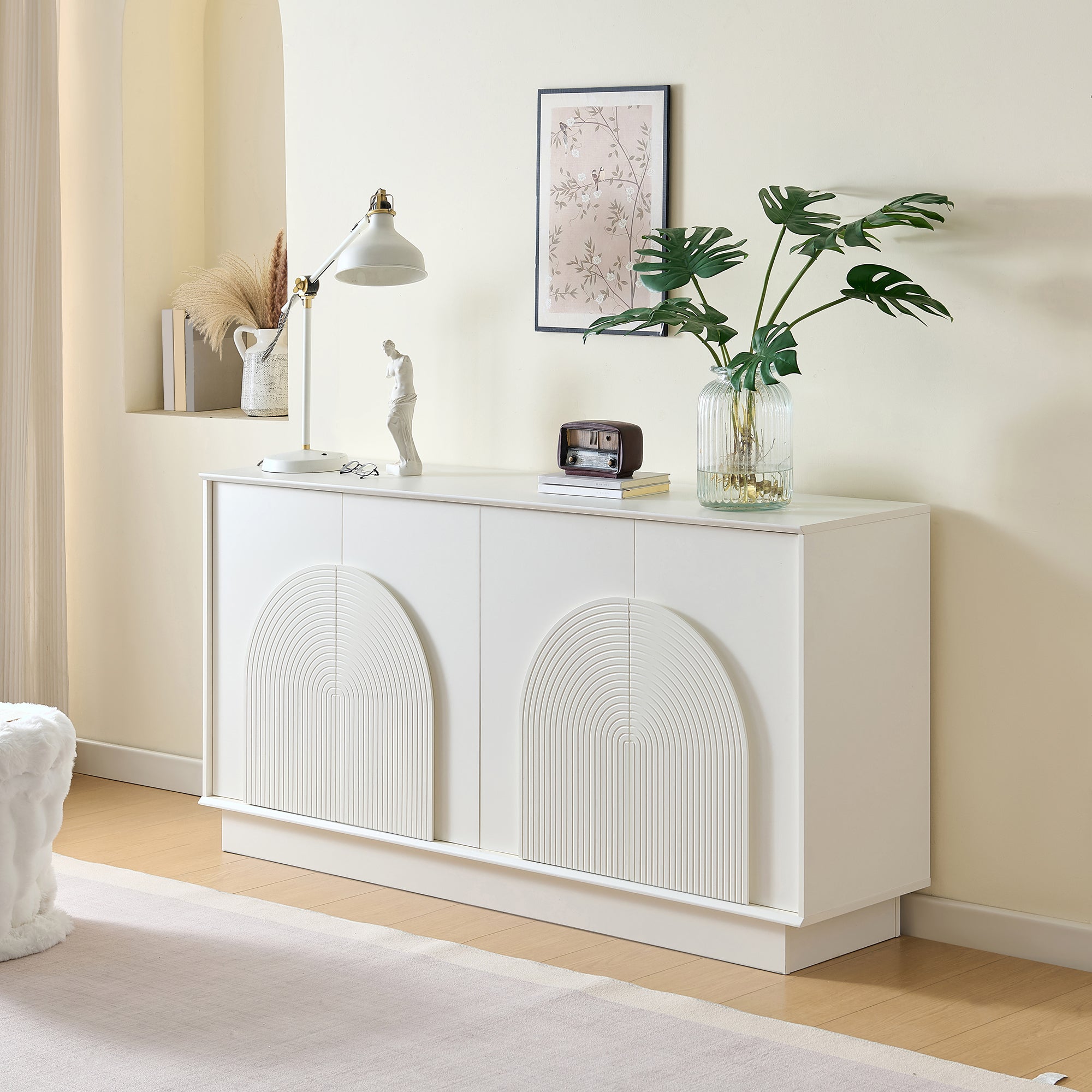 Modern Sideboard with Curved Doors, 4-Door Storage Cabinet for Living Room & Dining Room, White MDF with Matte Finish