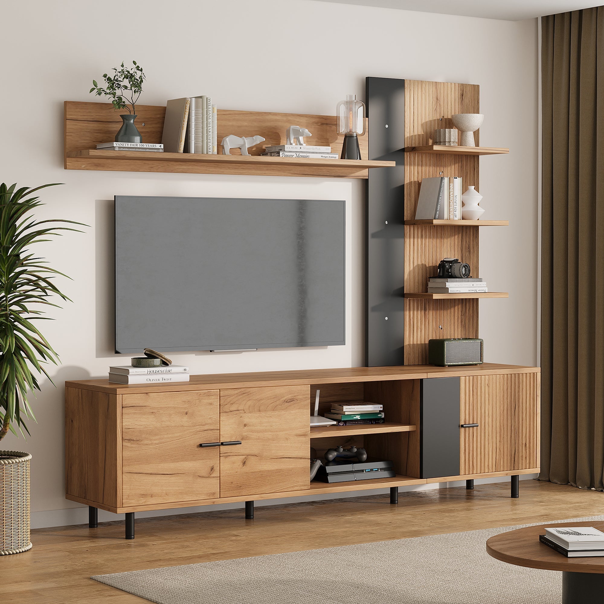 TV Wall Unit Set with Display Cabinet and Open Shelves for TV up to 80", Wood Color and Black