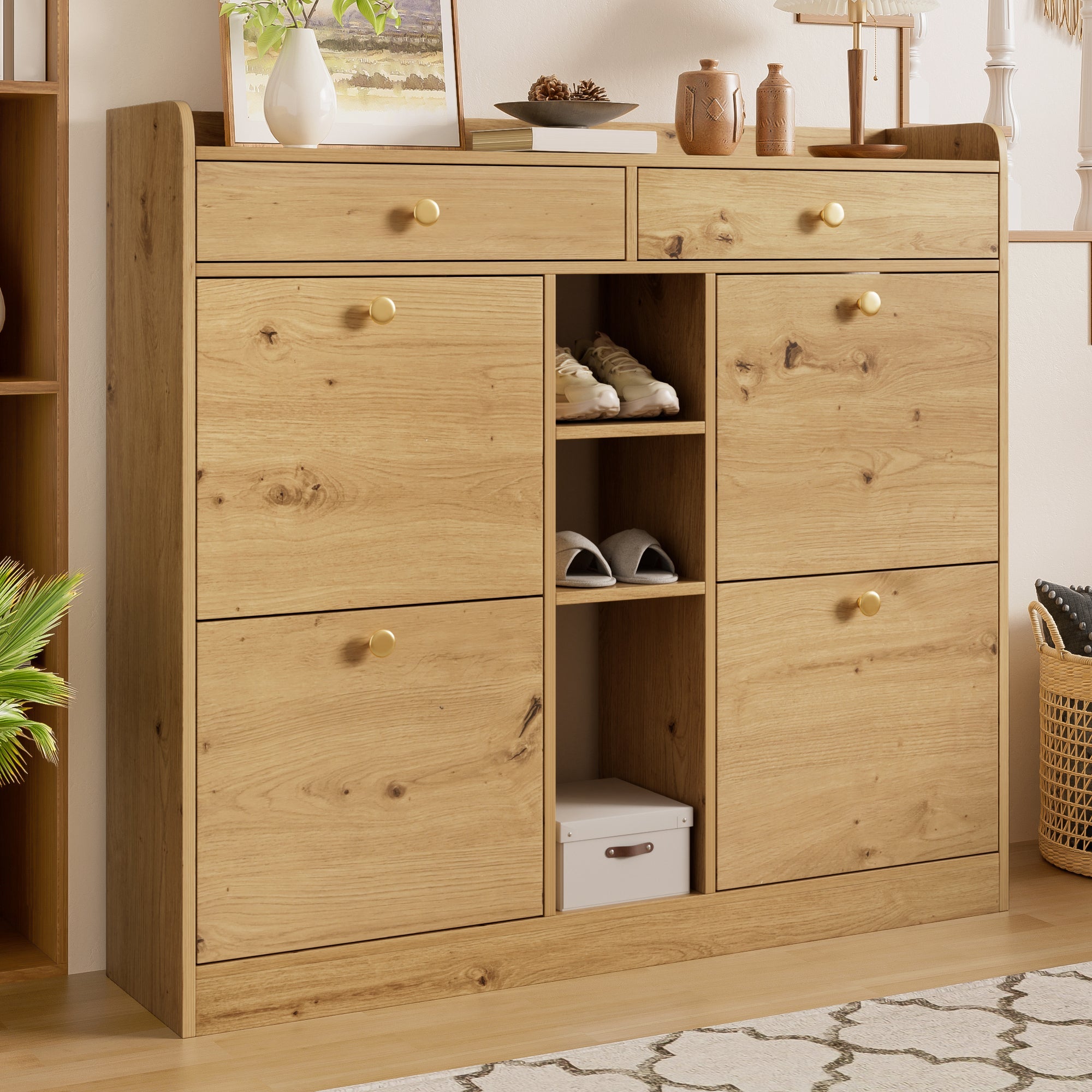 Shoe Cabinet with 4 Hinged Doors, 2 Drawers and 3 Open Compartments, 110x26x100cm, Wood Color