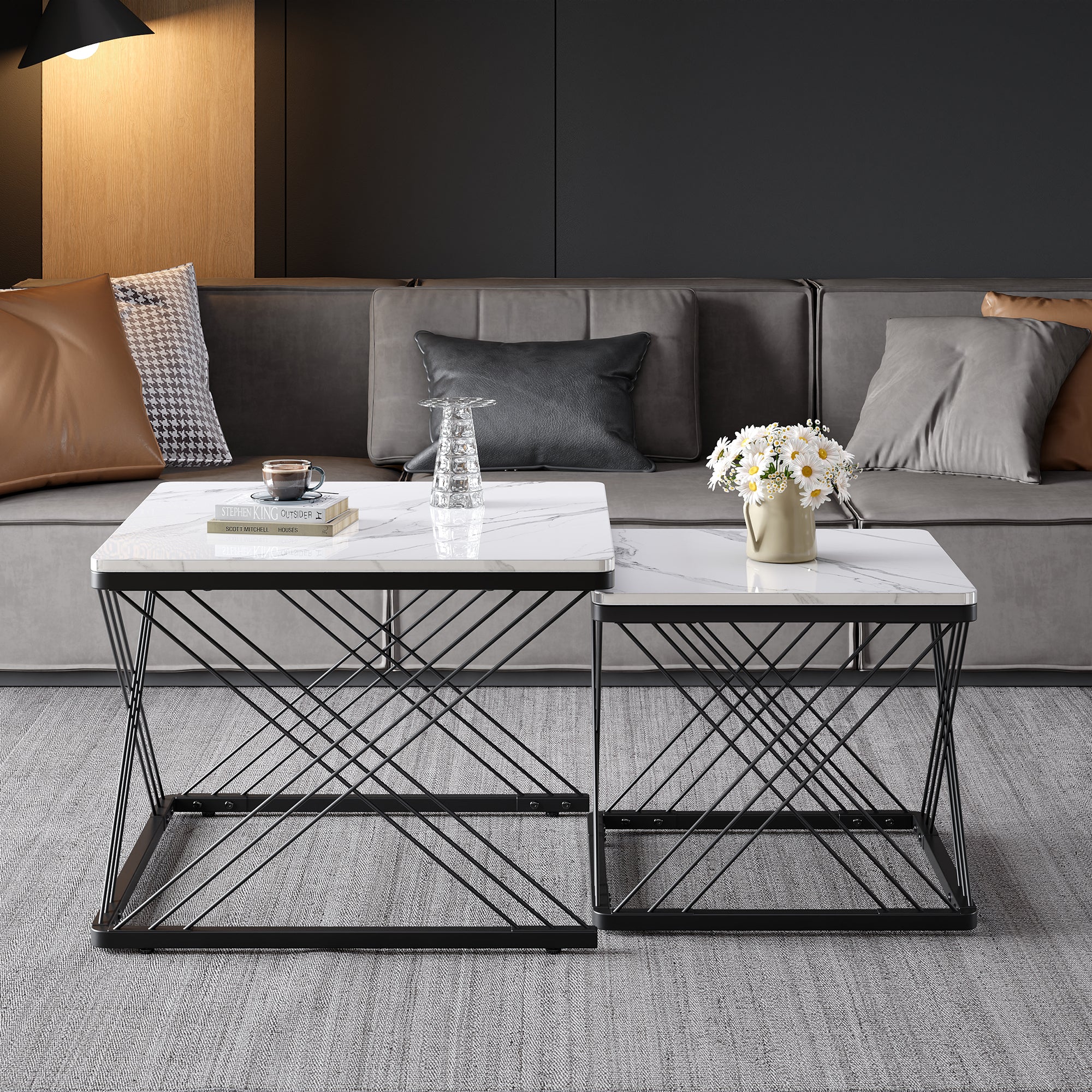 Coffee Table Set 2-Piece Square High-Gloss Marble Look
