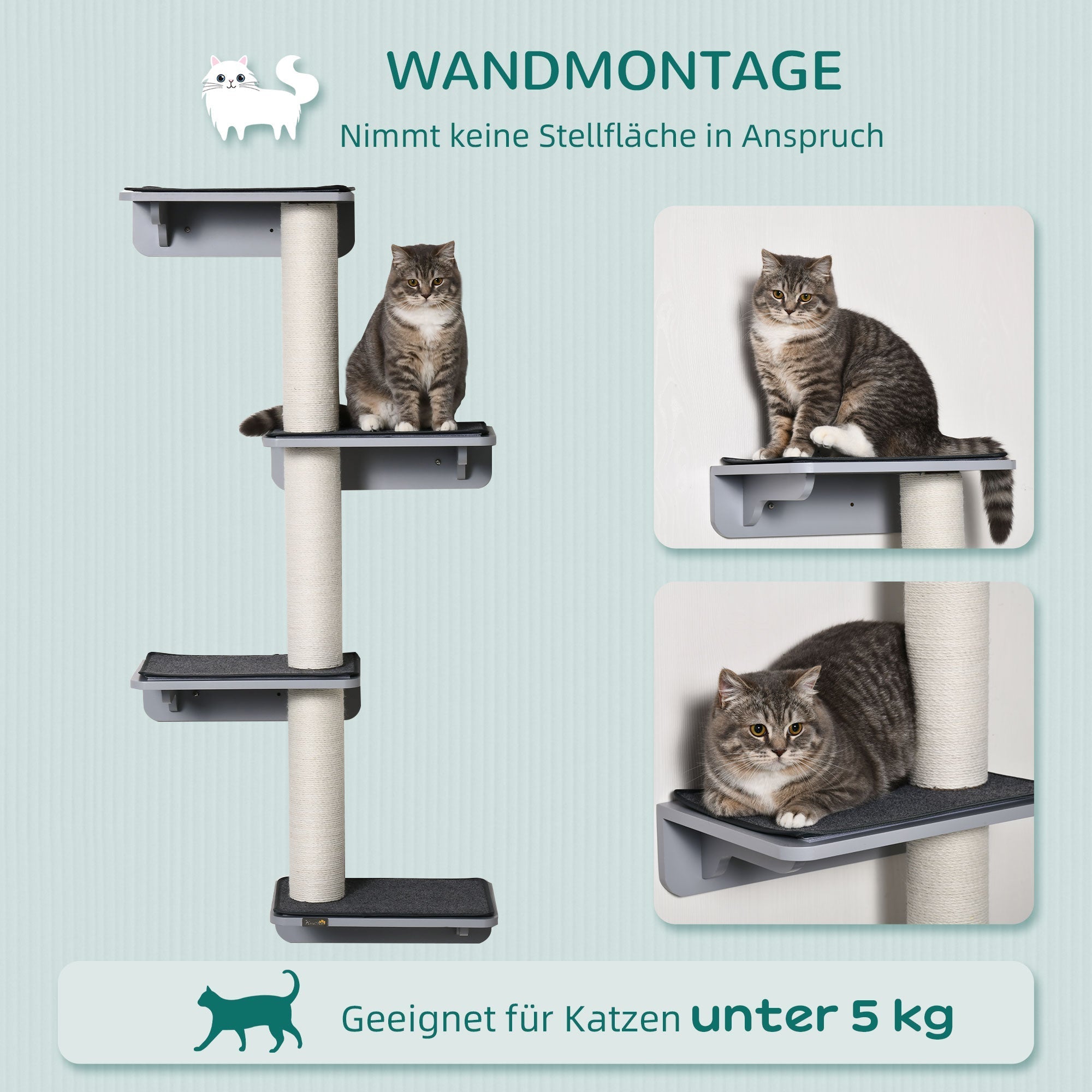 Wall-Mounted Cat Scratching Post with Climbing Wall, Wood in Light Grey Beige