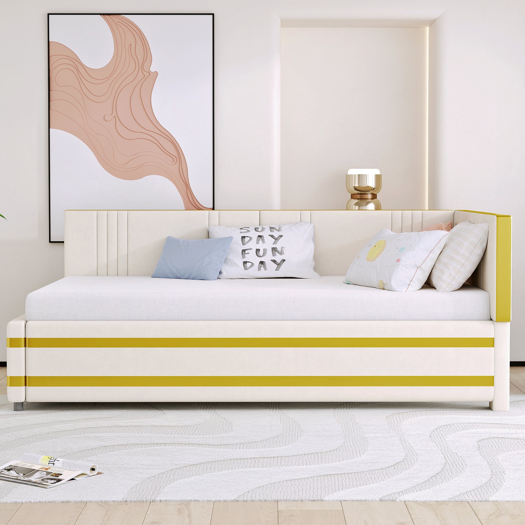 Upholstered Bed Sofa Bed 90*200 Multifunctional with Slatted Frame, Velvet Beige