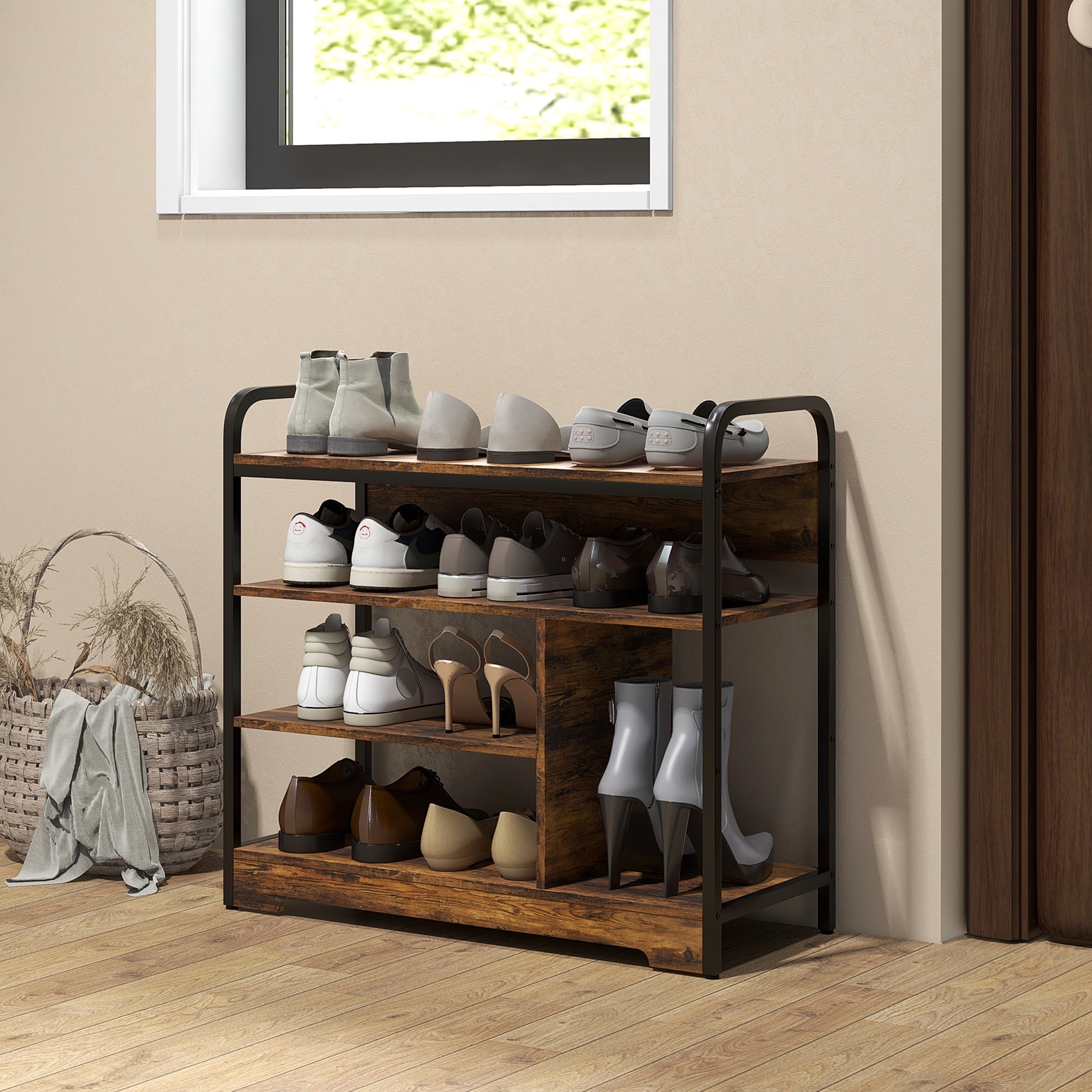 Shoe Rack 4 Levels, Max 11 Pairs, Rustic Brown