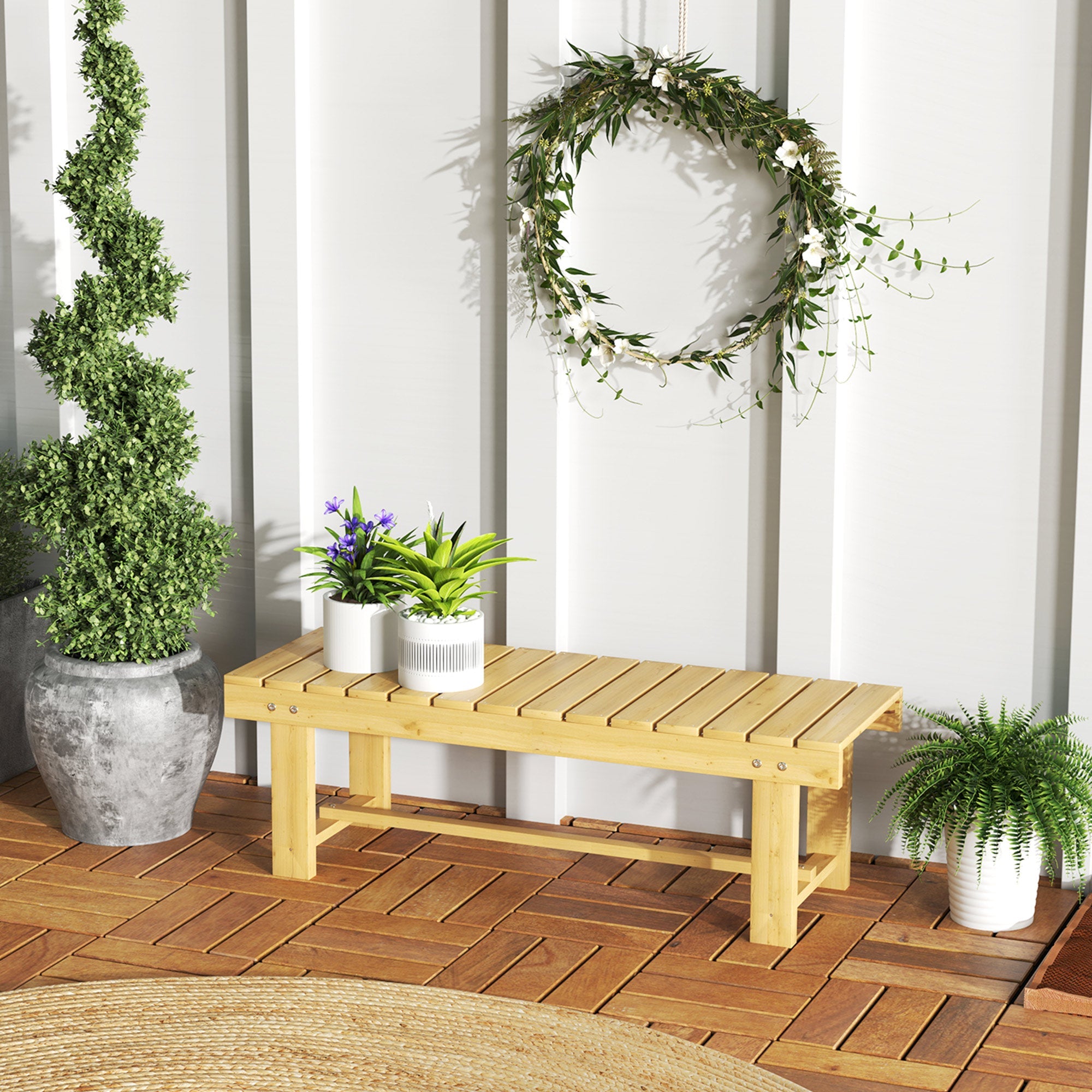 Garden Bench 2-Seater, Waterproof Durable 110x38x35cm Solid Wood, Natural Color