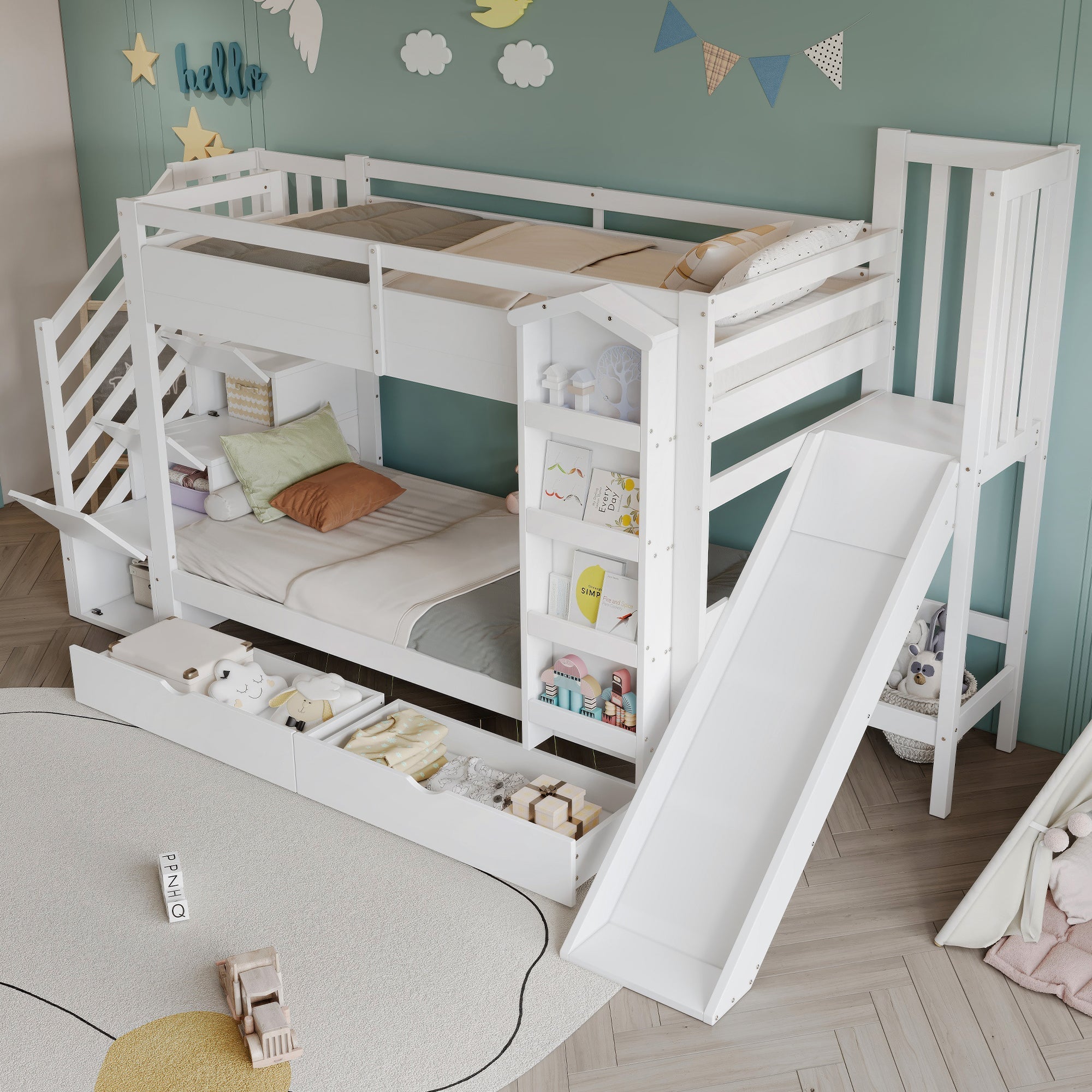 Bunk Bed with Slide, Stair Storage, Bookshelf and Drawers, 90x200cm, White Pine + MDF