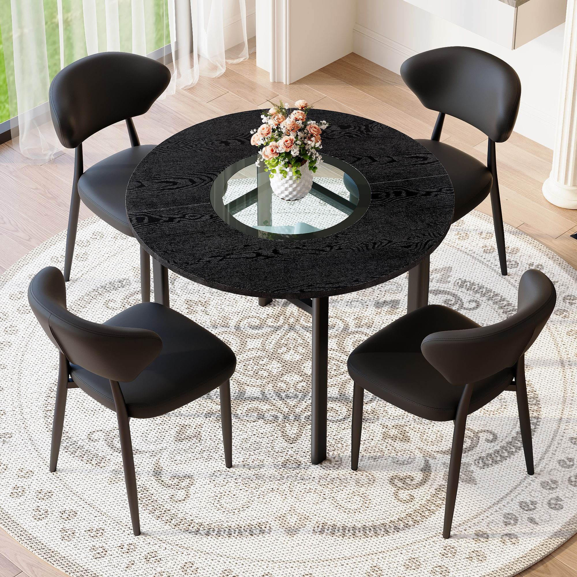 Minimalist Round Table Set 100cm 4 Armchairs - Black PU/Wood Look