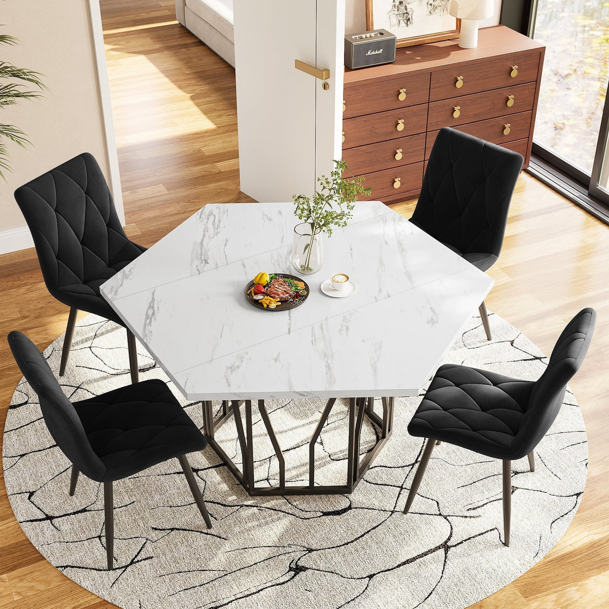 Hexagonal Dining Table Modern Marble Coffee Table Black Metal Base