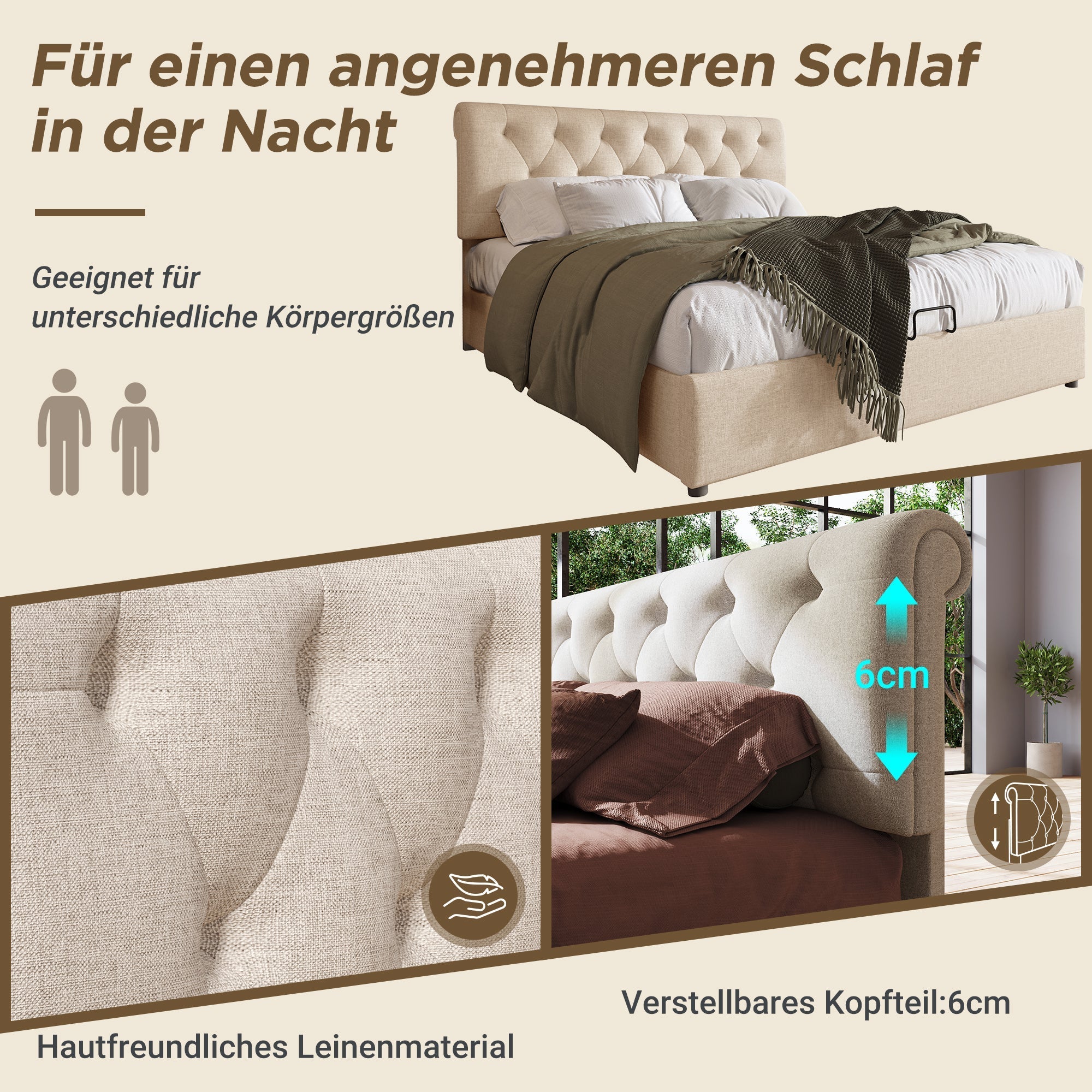 Hydraulic Double Bed, 160x200cm Upholstered with Storage, Natural