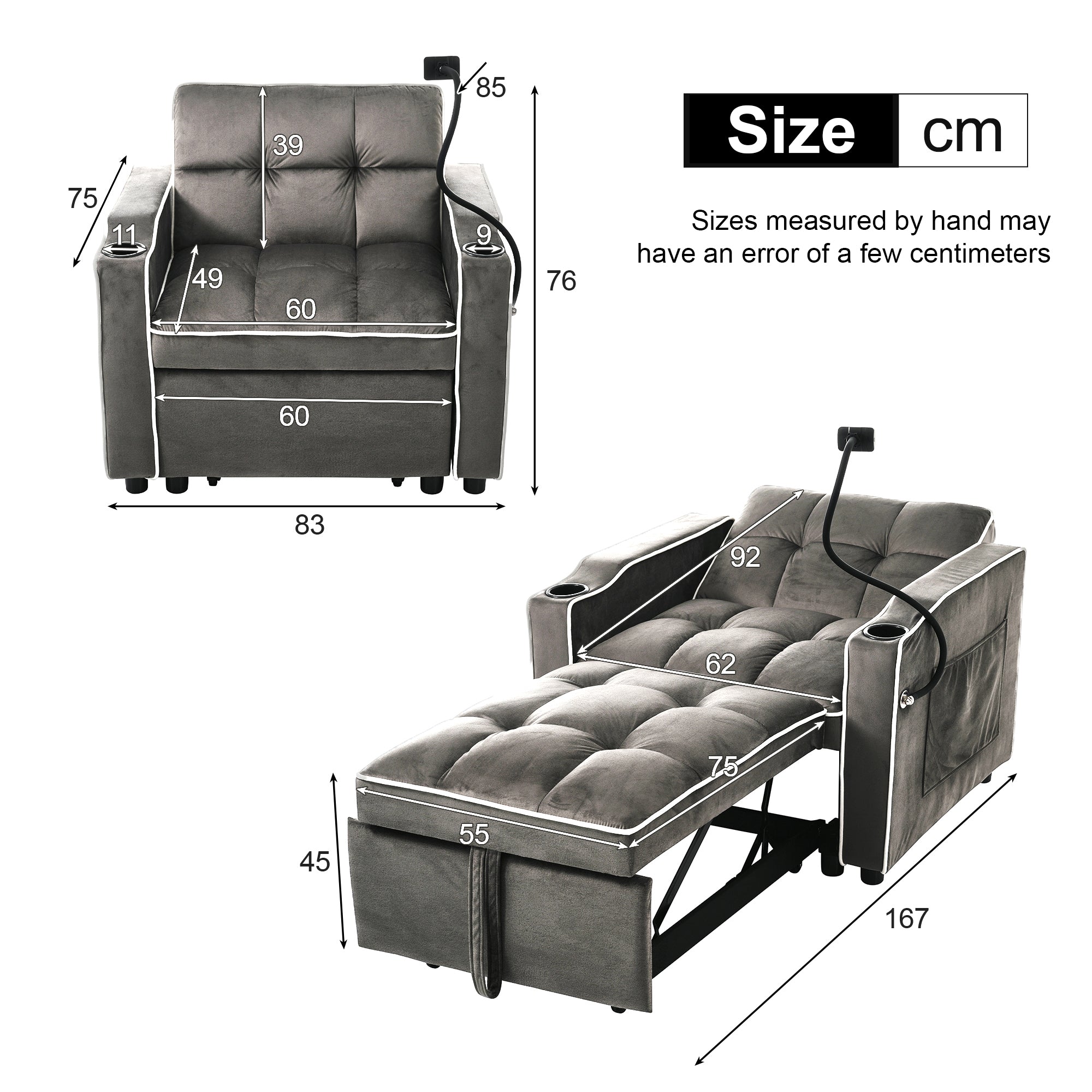 3-in-1 Expandable Single Sofa Bed with Drink Holders, Phone Holder, Sofa Recliner, Sleeper Chair, Armchair, for Small Spaces, Velvet Feel Fabric