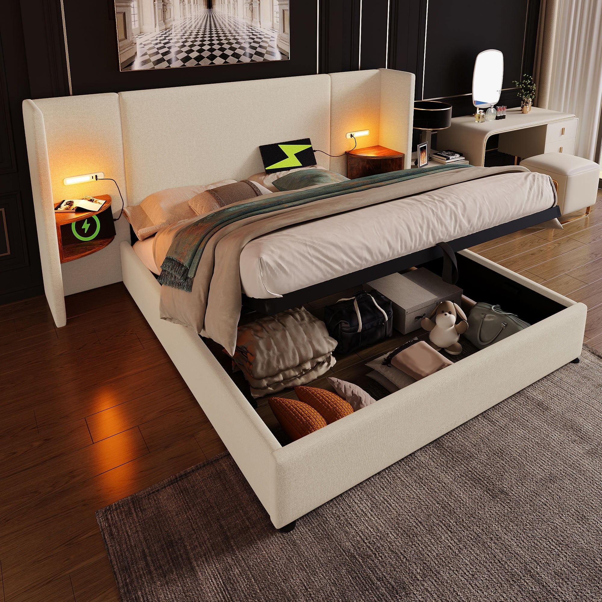 Upholstered Double Bed 180x200 with Bedside Table, Reading Lamp, USB-C Charging, Beige Linen