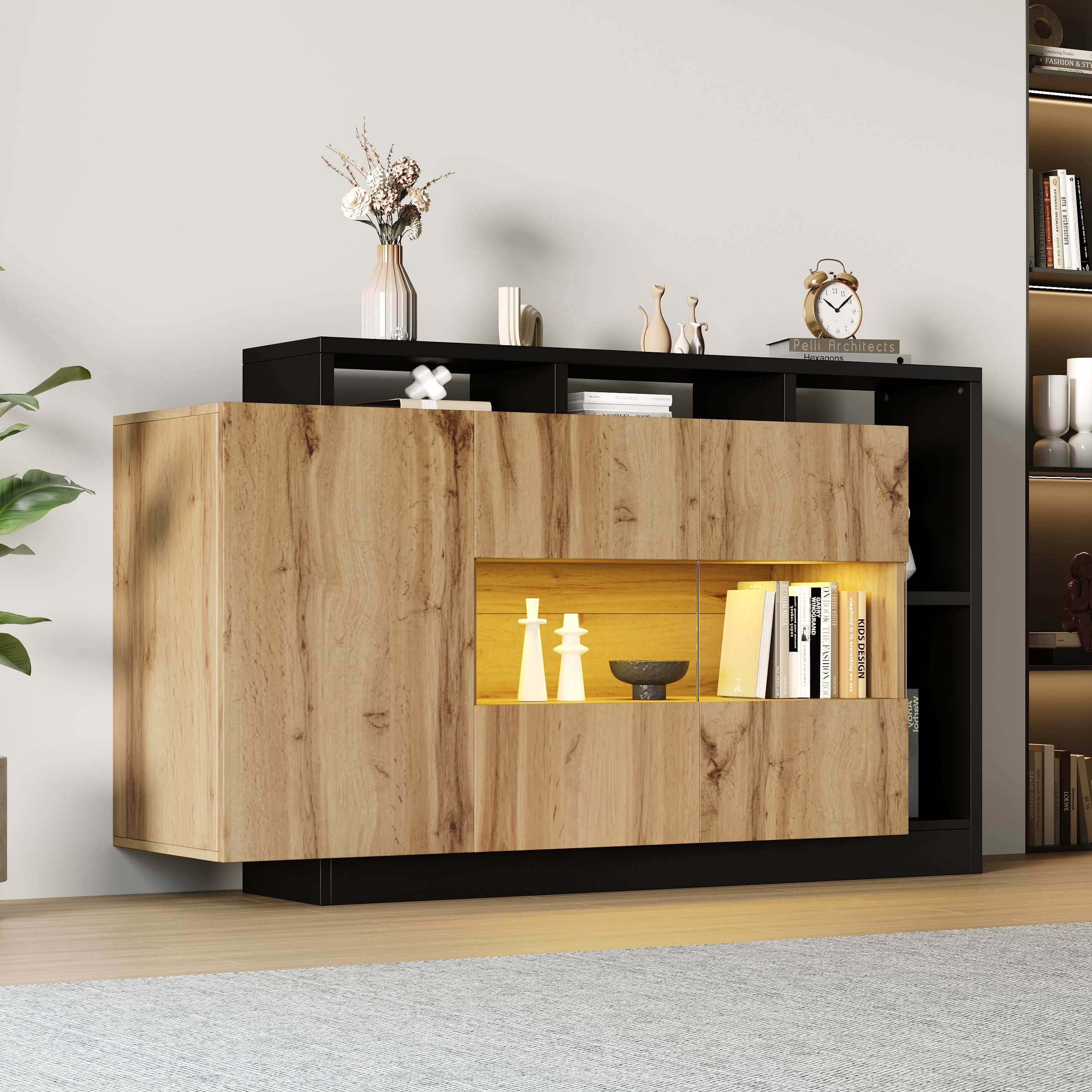 Modern LED Sideboard, Glass Dining Cabinet with Bluetooth Control, Wood Color MDF