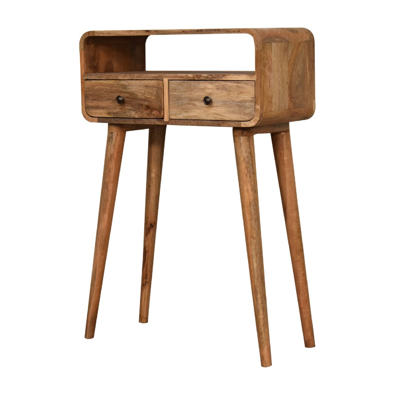 Solid Wood Console Table, Mini Curved with 2 Drawers & Open Slot, Brown Oak-ish
