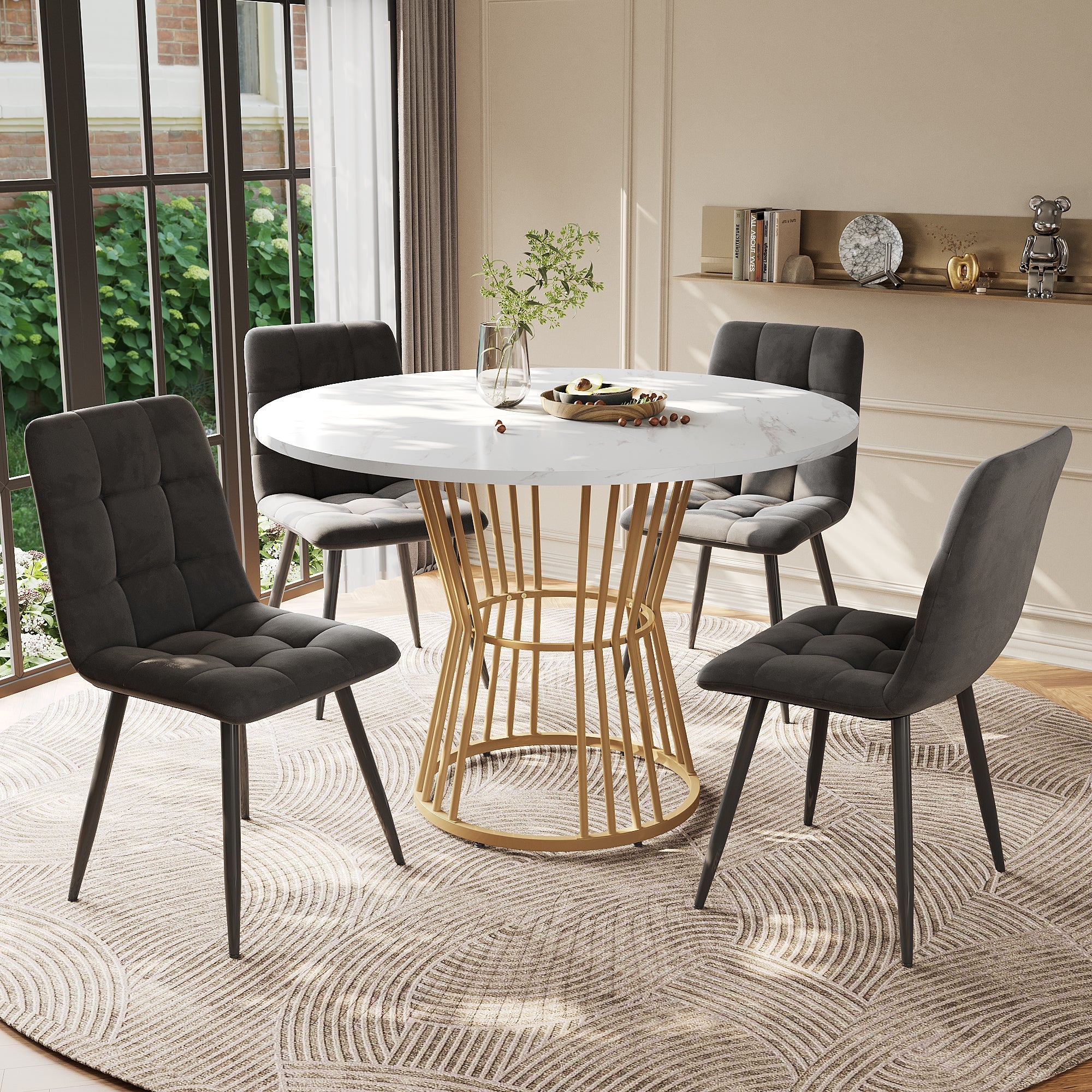 5-Piece Dining Set Round 100cm Gold Metal Legs White MDF Dark Grey Velvet