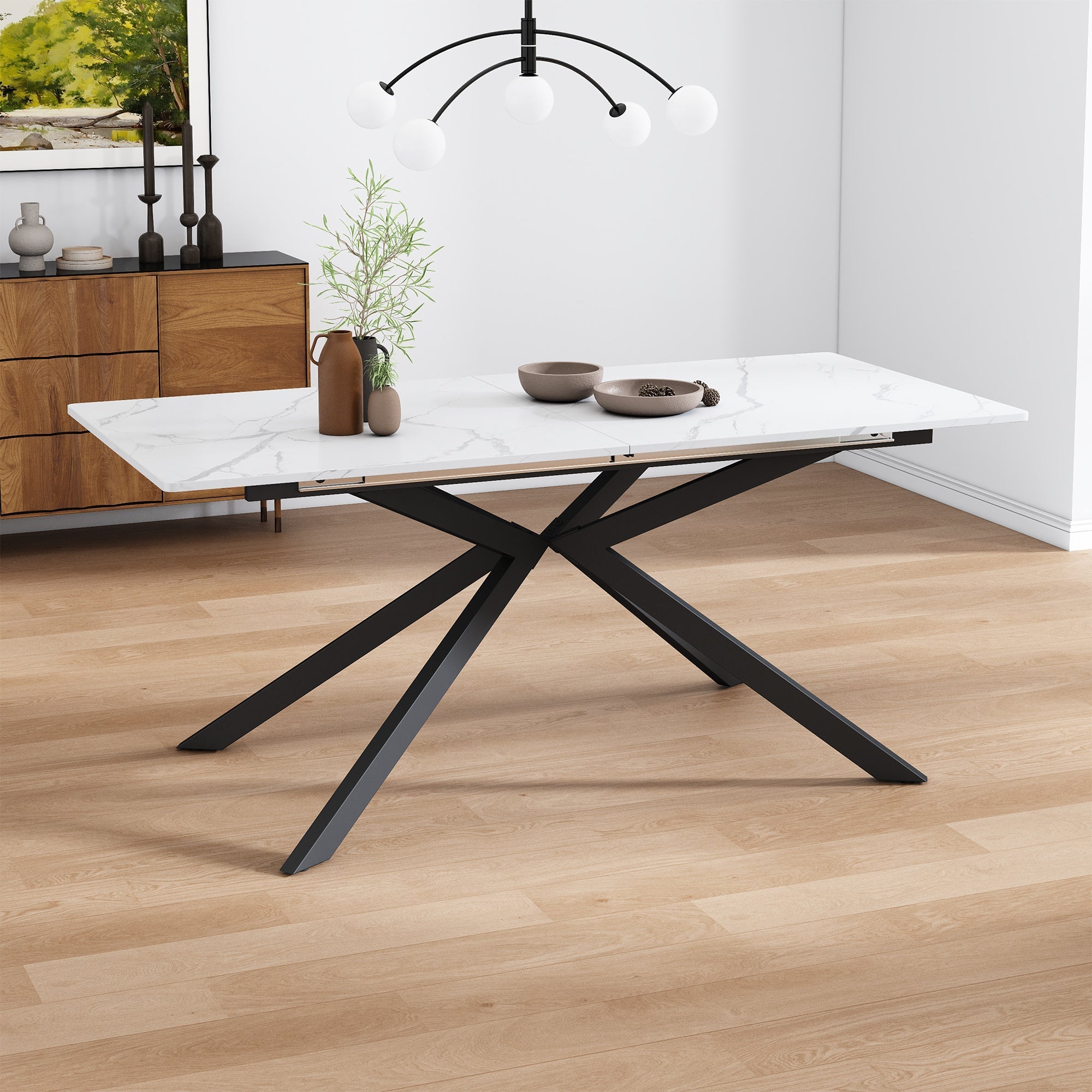 Extendable Dining Table with Automatic Extension and Cross Leg Design, Black and White Marble Look