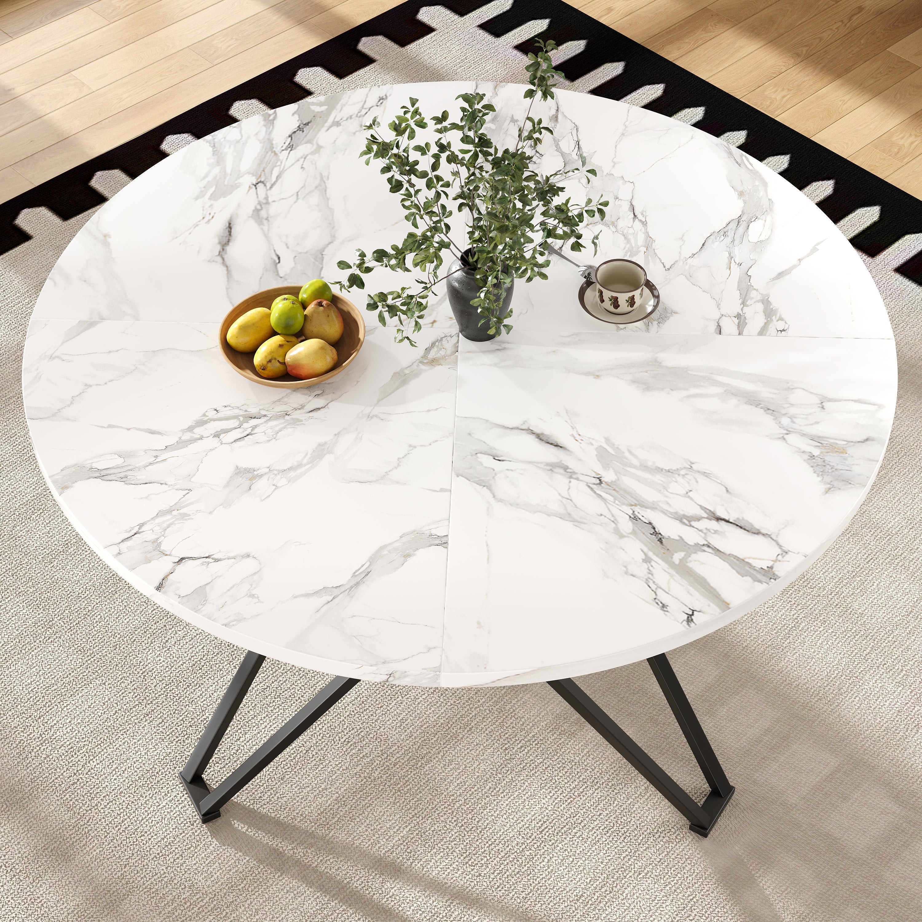 Round Dining Table, 100x100x76cm, 4-Person, MDF Marble, Black
