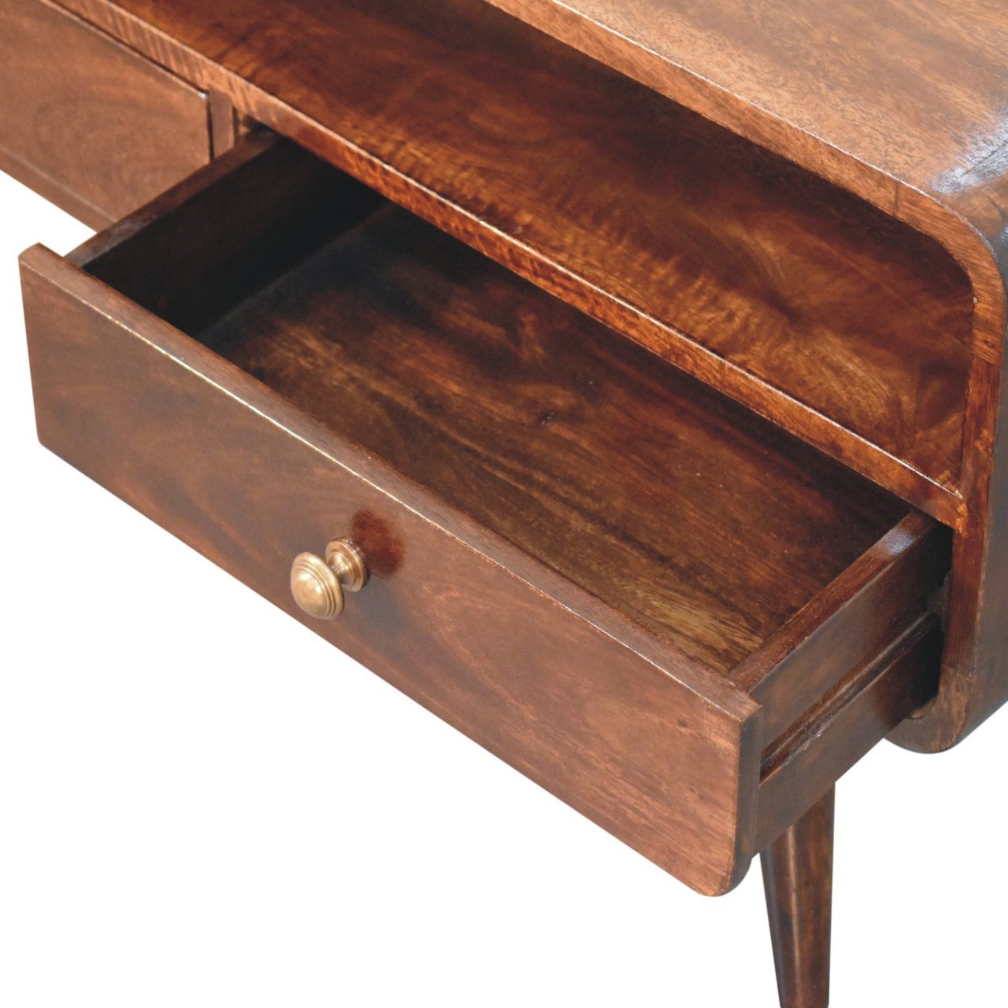 Solid Wood Curved Media Unit with 2 Drawers and 1 Open Slot, Dark Brown