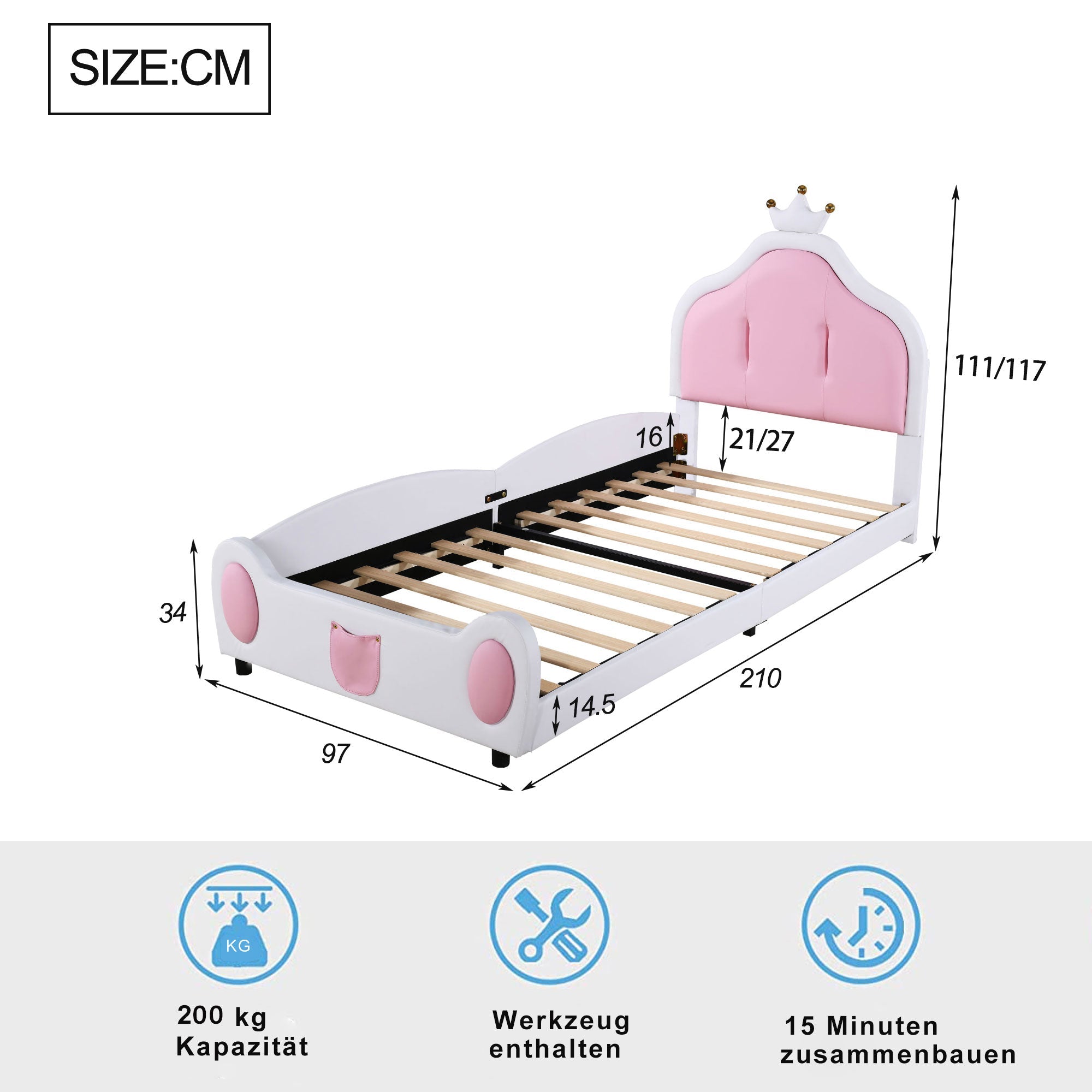 Upholstered Children's Bed 90x200cm Headboard Faux Leather White