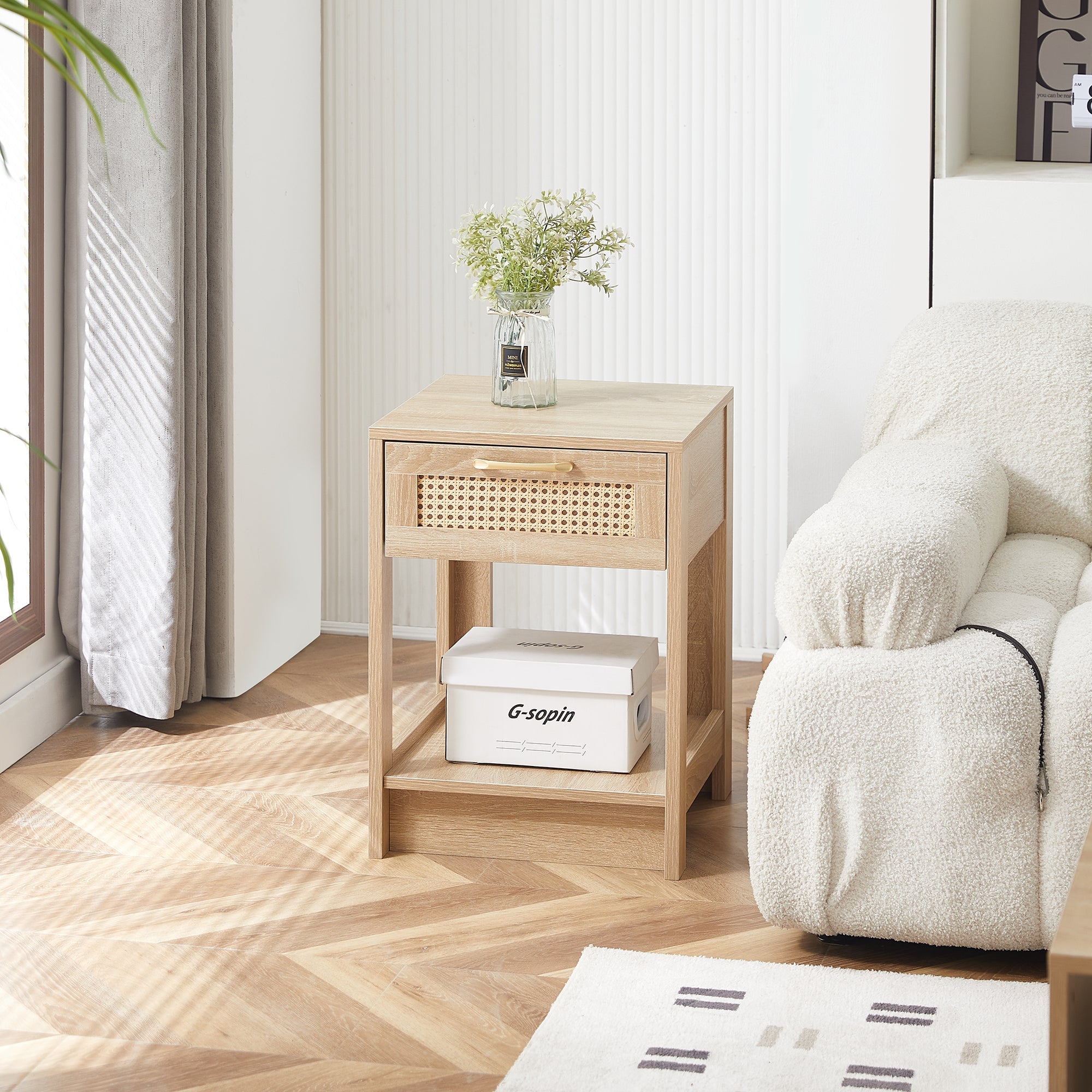Rattan Side Table with Drawer H55xW40xD40cm Natural Wood Look