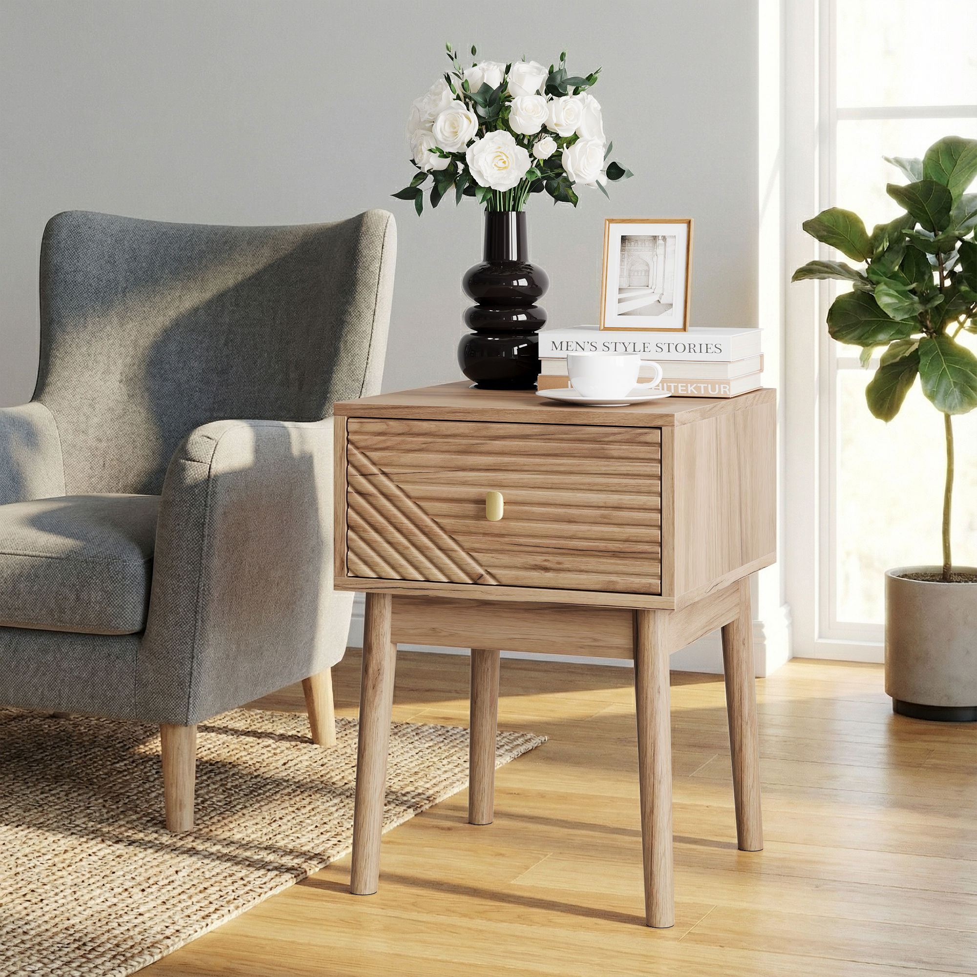 Nightstand Set of 2, Mid-Century Modern Metal Handles 40x40x55cm, Oak-Colored