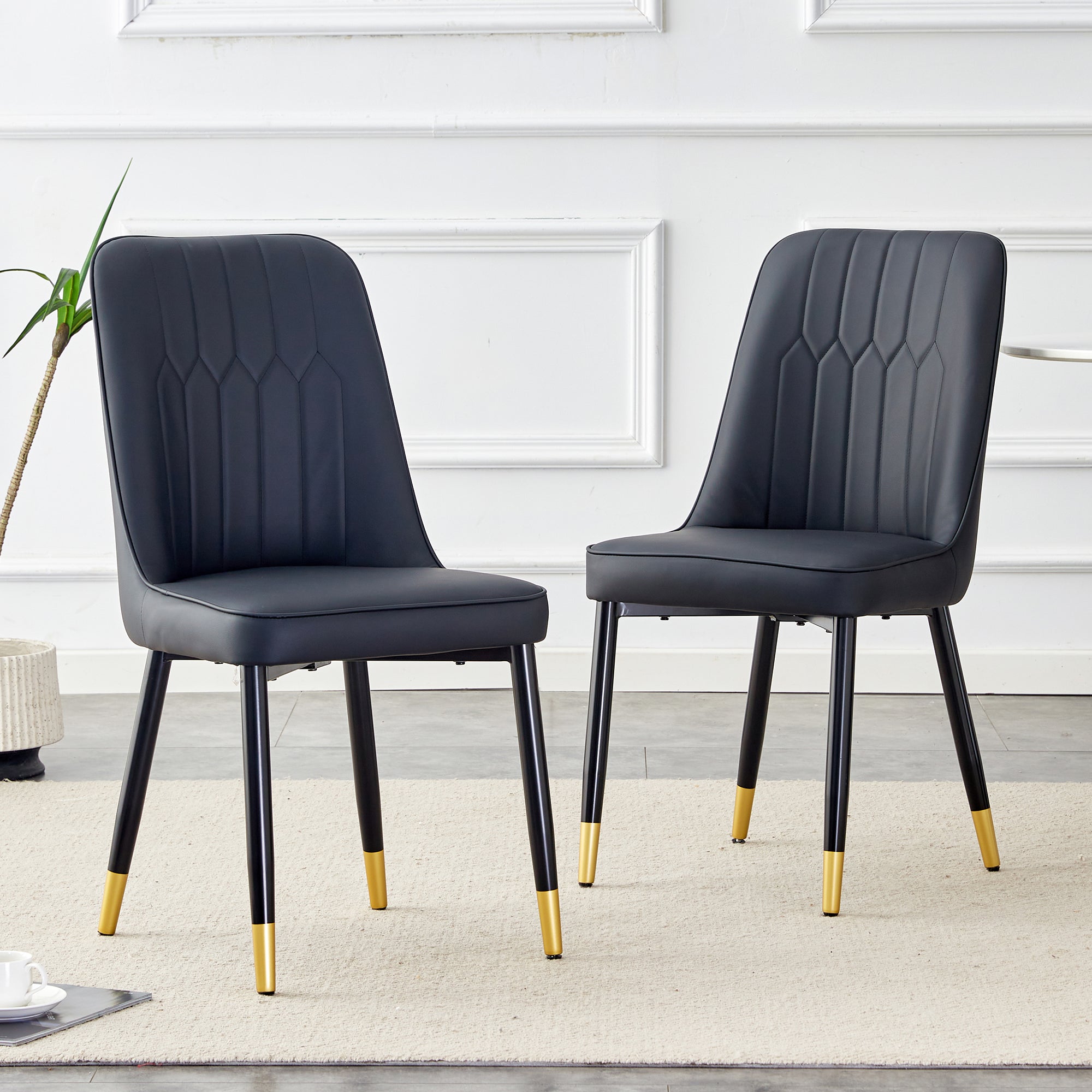 2-Piece Dining Chair Modern PU Leather Back Cushion Metal Legs Black