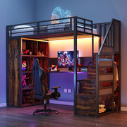 Metal Loft Bed with Wardrobe, Desk and LED Light Strip, Black Metal