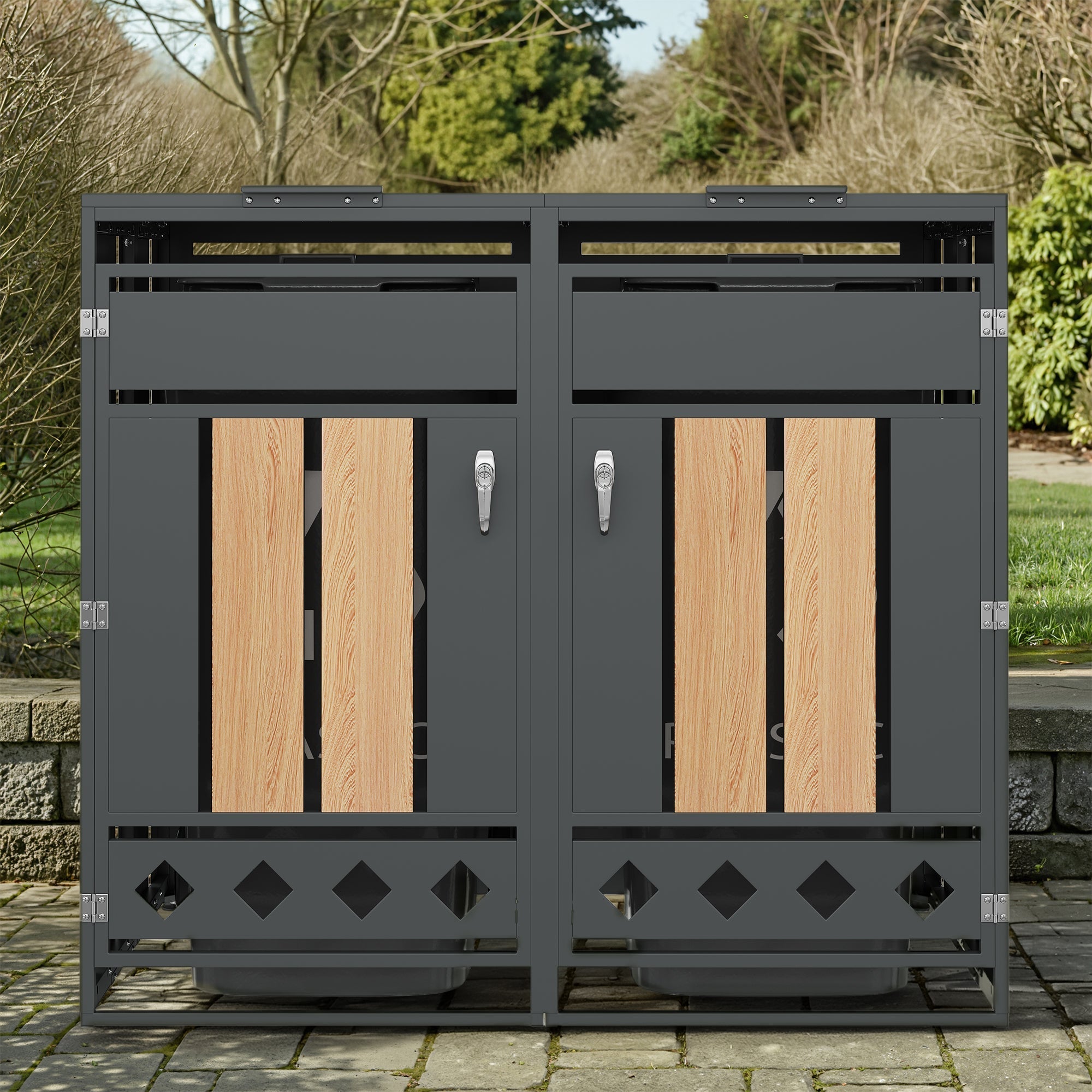 Bin Storage Box with Hinged Lid and Lockable Two Doors, Vertical Wood Grain