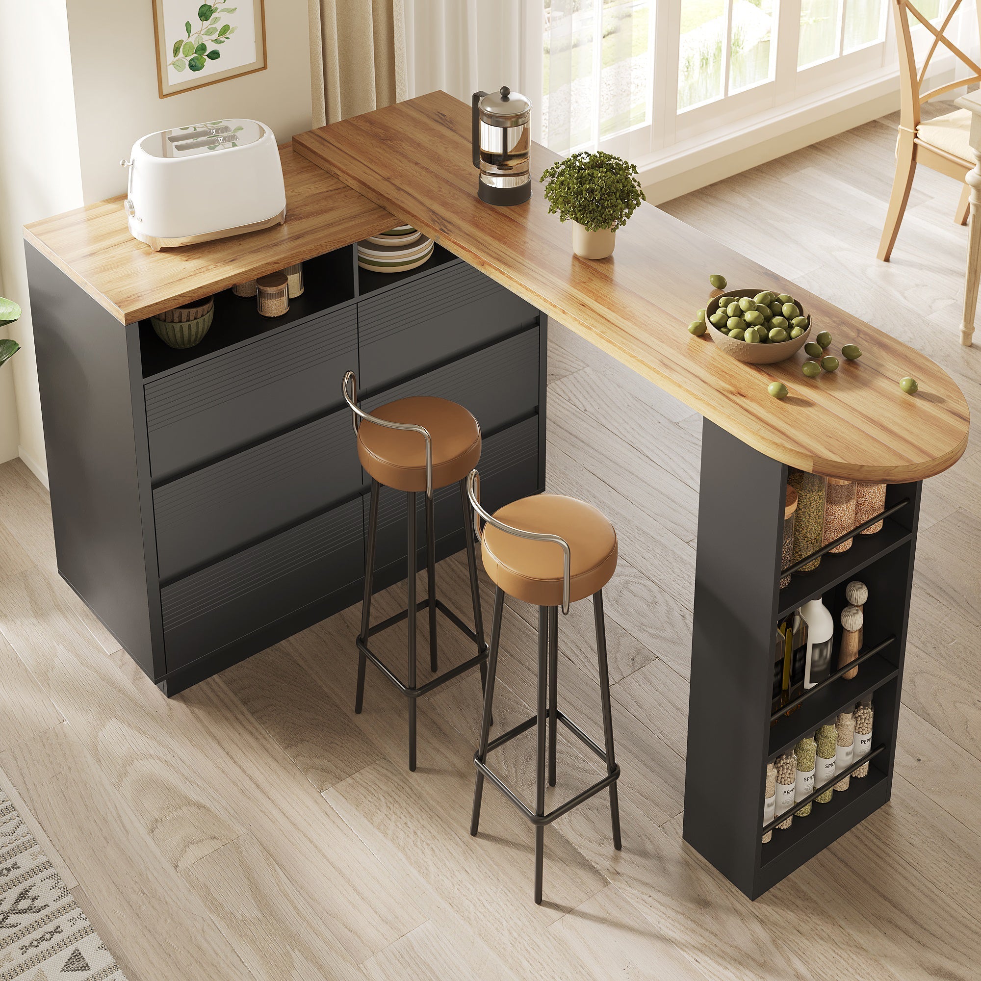 Extendable Bar Table with Storage and Six Drawers, MDF