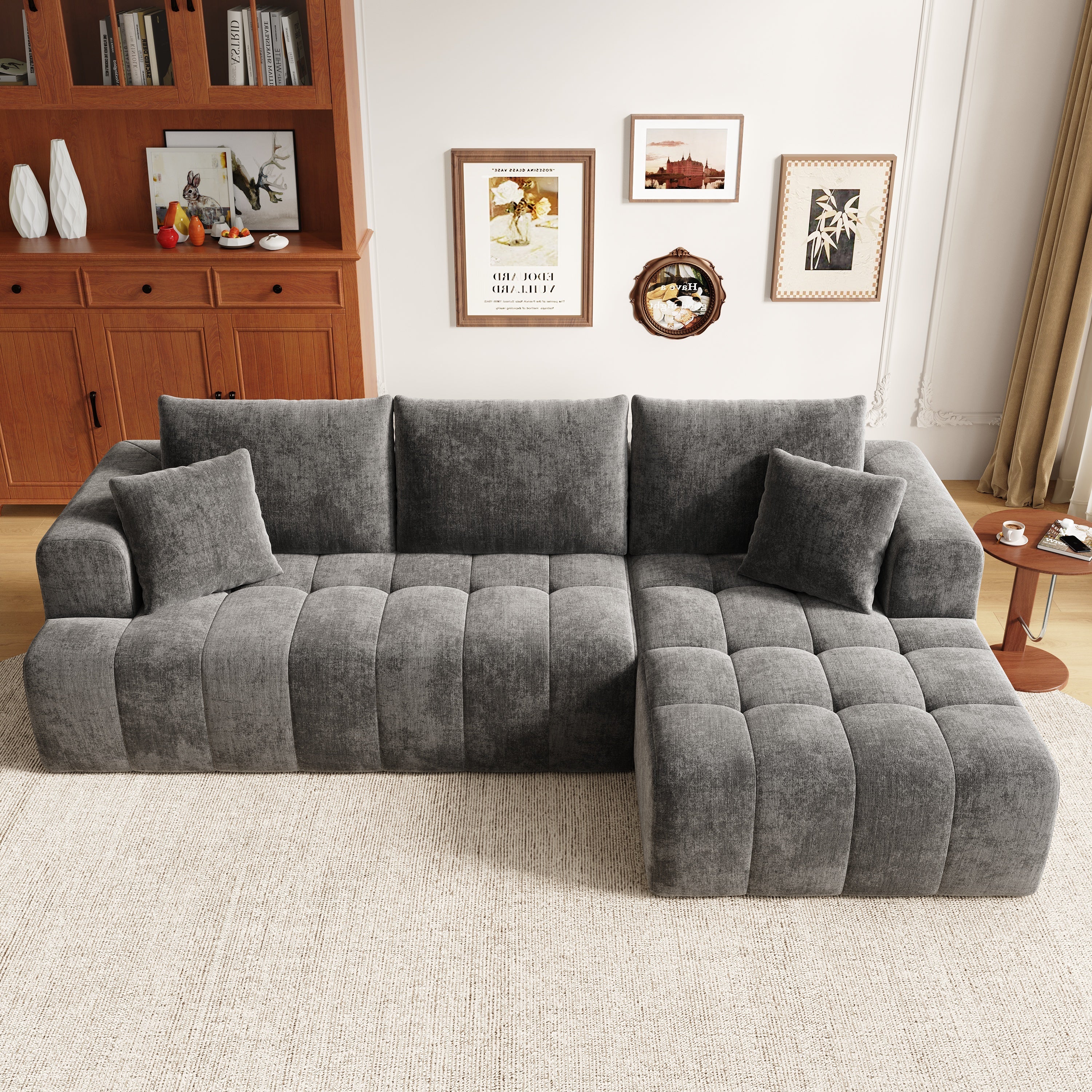 Modular L-shaped Corner Cloud Sofa, Frameless Low-Profile Design, Gray Chenille Fabric