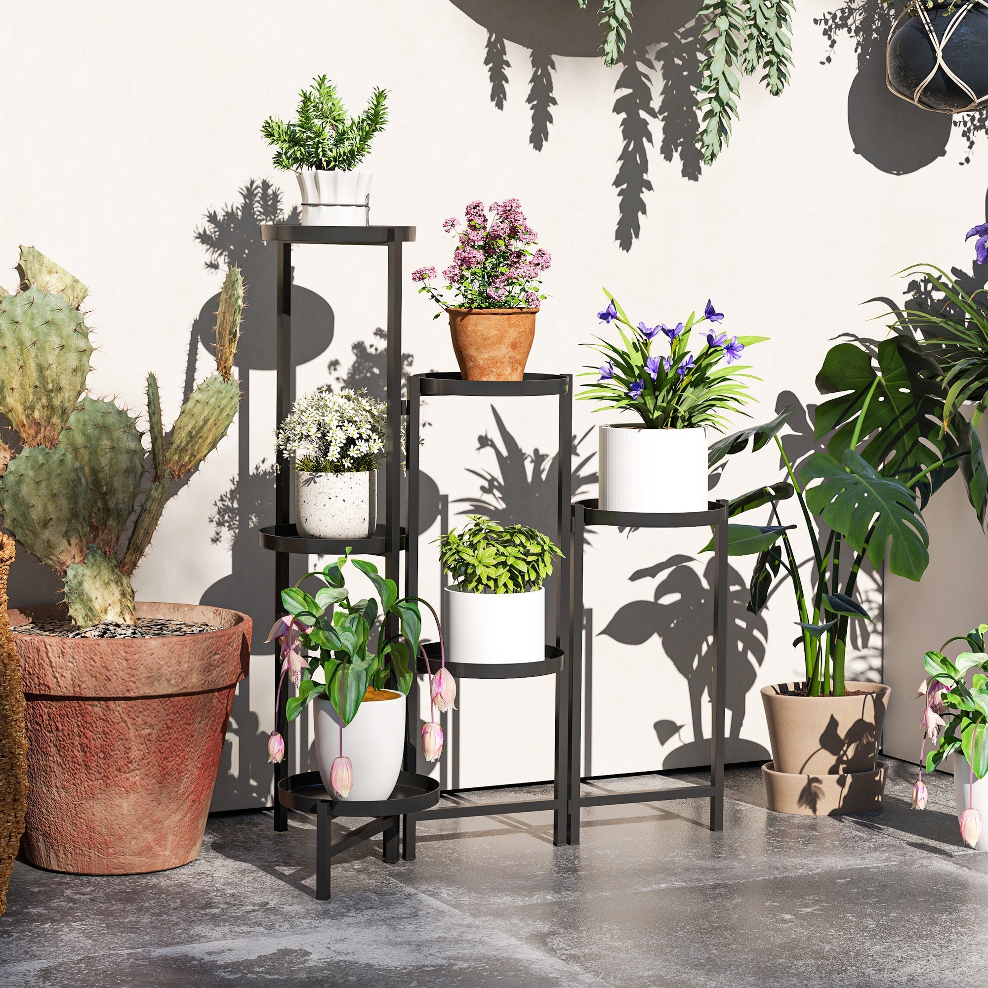 Plant Stand, 6-Tier Foldable Trays 80cm High, Metal Black