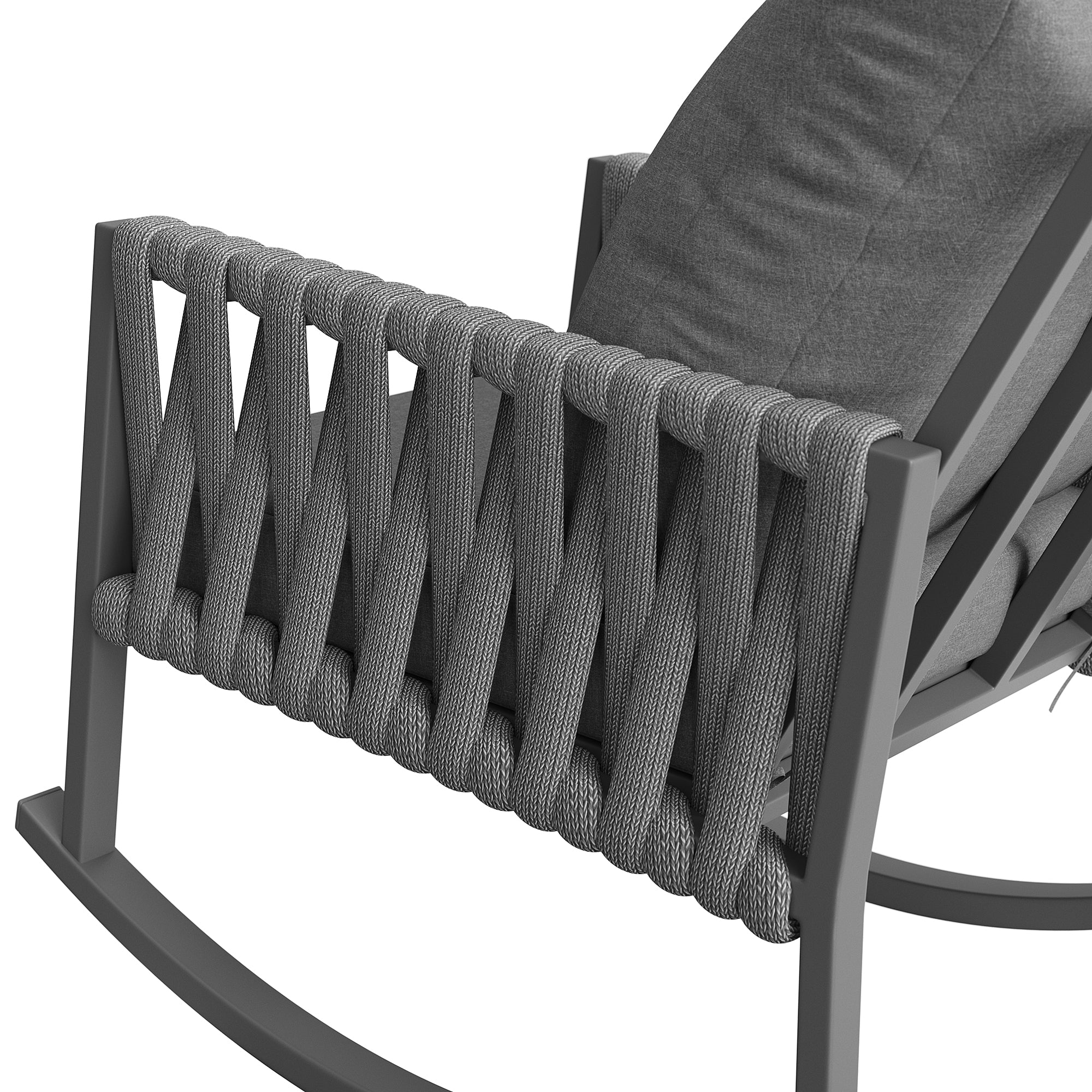 Outdoor Rocking Chair with Cross-Rope Weaving and Weatherproof Metal Frame, Metal and Rope