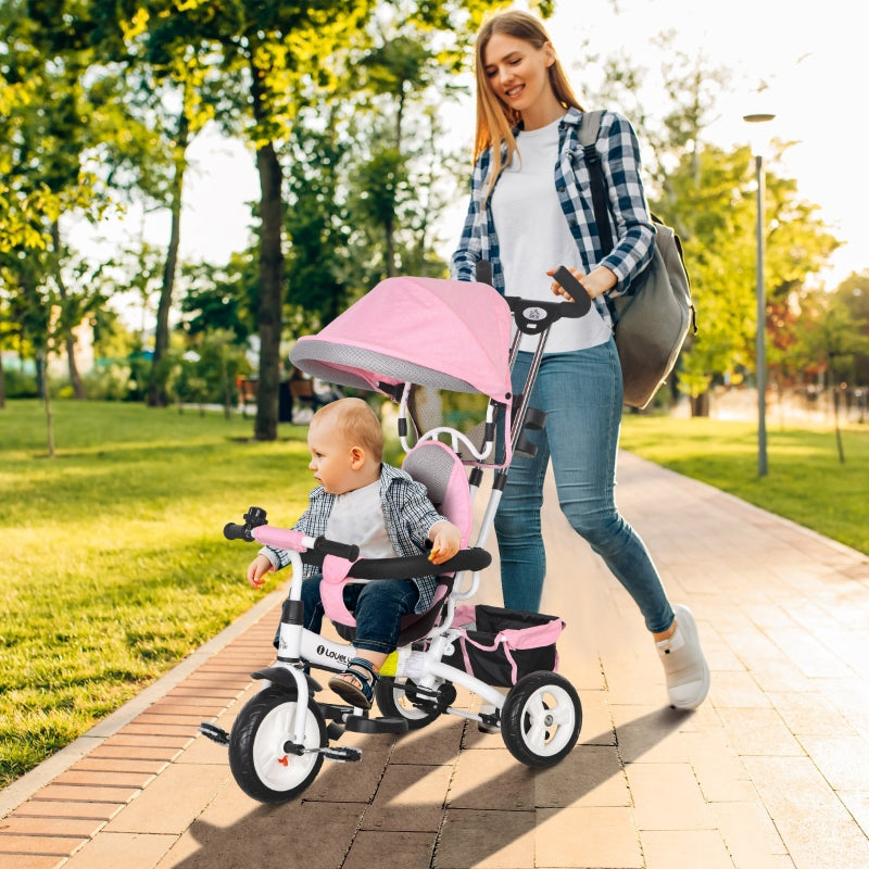 6-in-1 children's tricycle with push bar, canopy, belt, storage basket, for ages 1-5, pink
